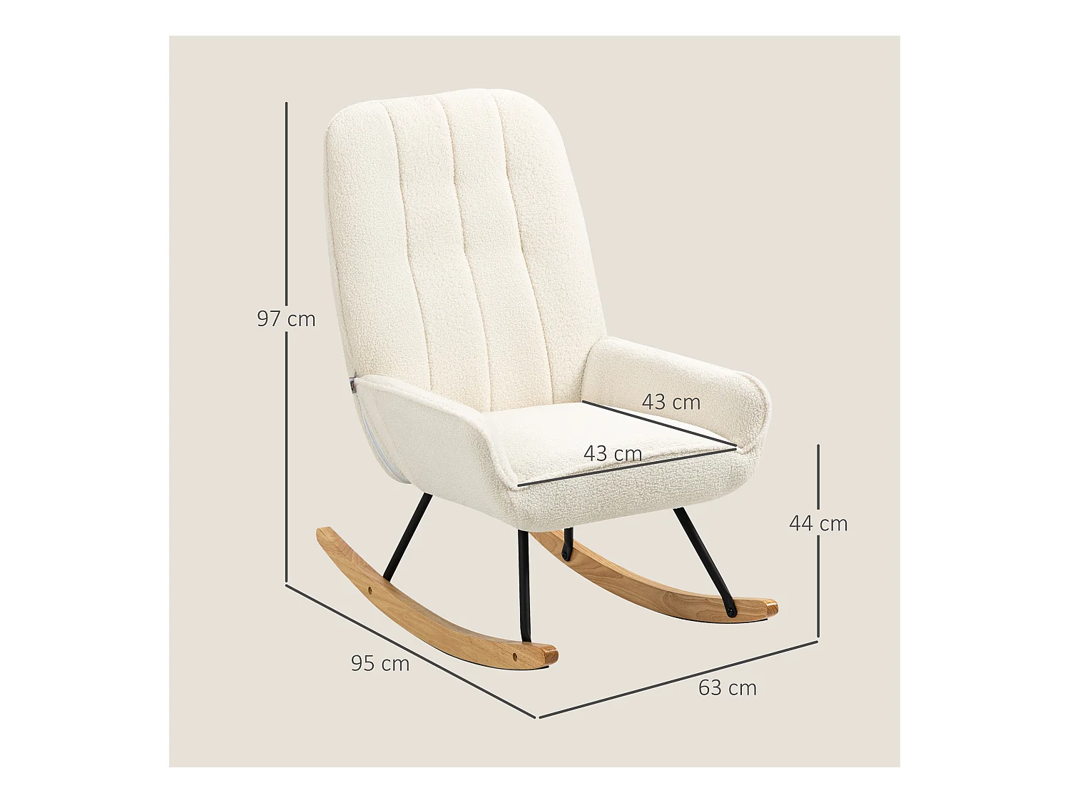 Fauteuil à bascule en sherpa, confortable et robuste, structure bois crème (63x95x97cm)