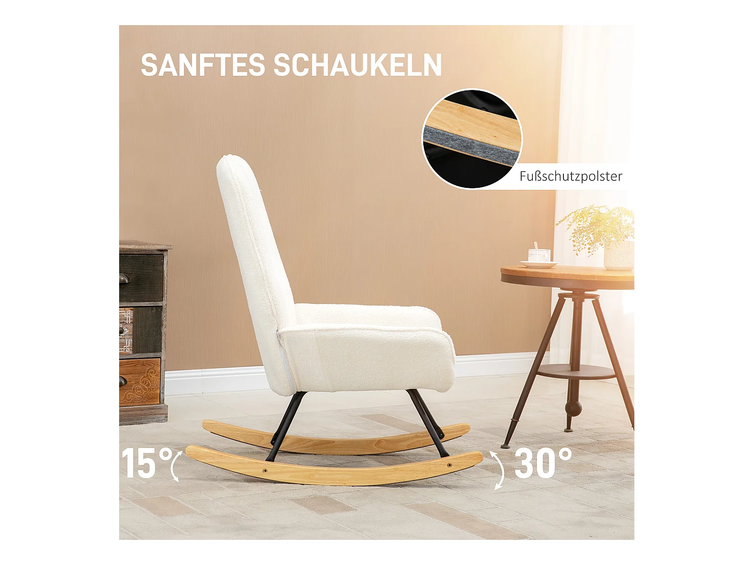 Fauteuil à bascule en sherpa, confortable et robuste, structure bois crème (63x95x97cm)