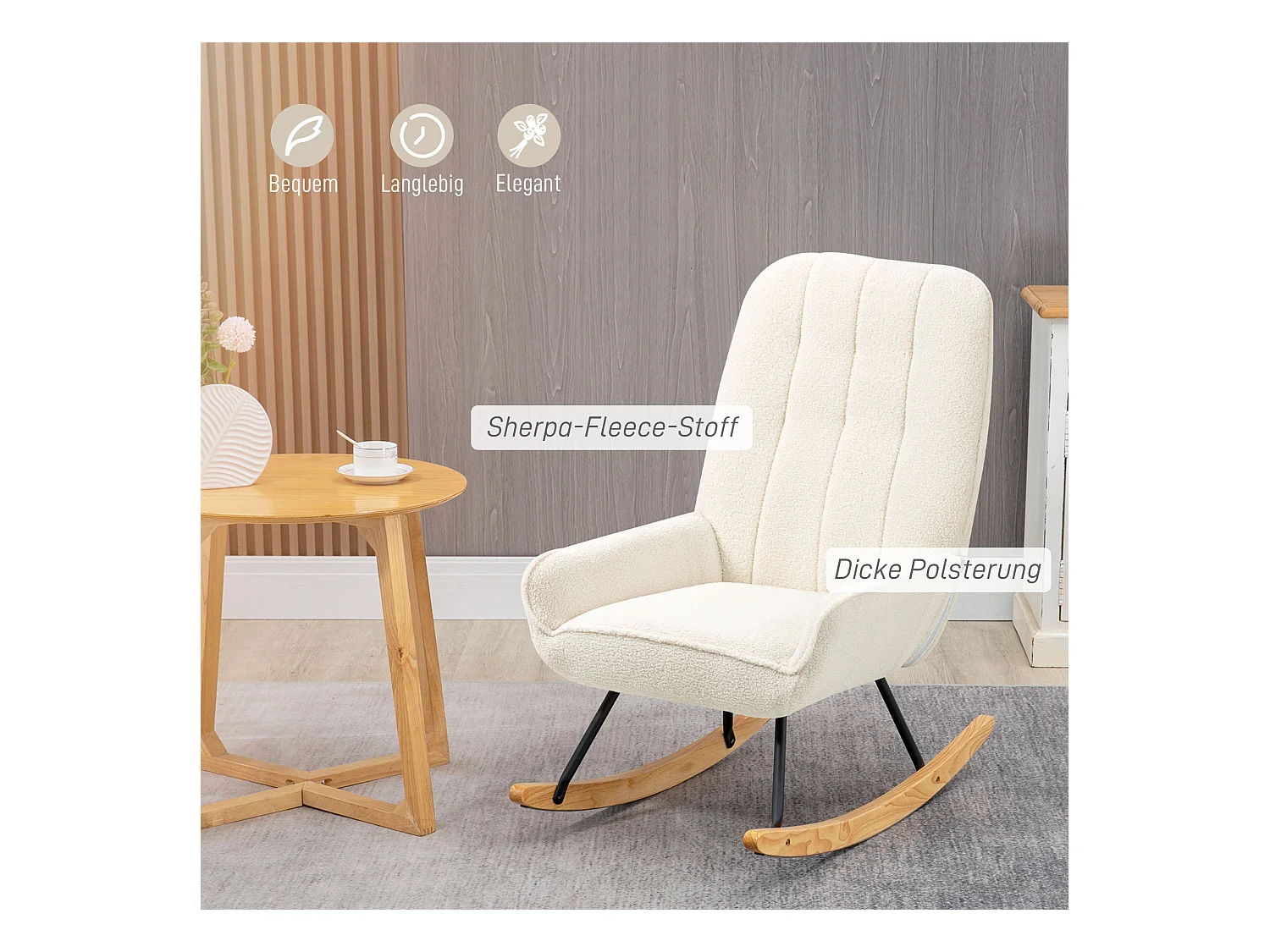 Fauteuil à bascule en sherpa, confortable et robuste, structure bois crème (63x95x97cm)