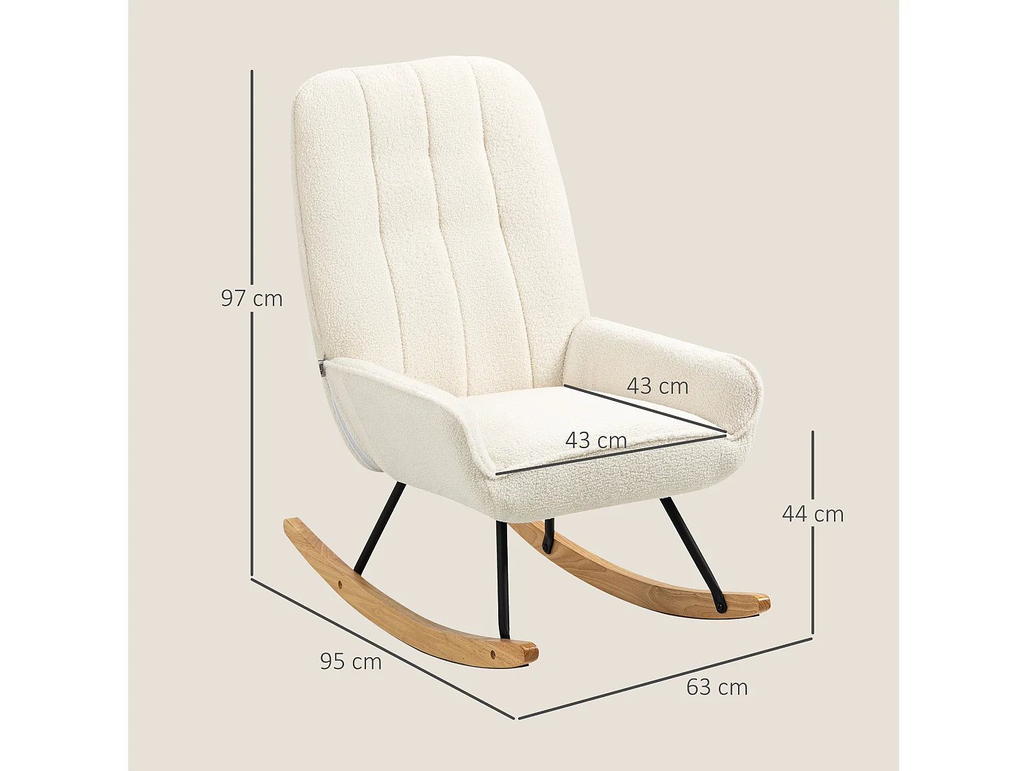 Bequemer und stabiler Sherpa-Schaukelstuhl mit cremefarbenem Holzrahmen (63 x 95 x 97 cm)