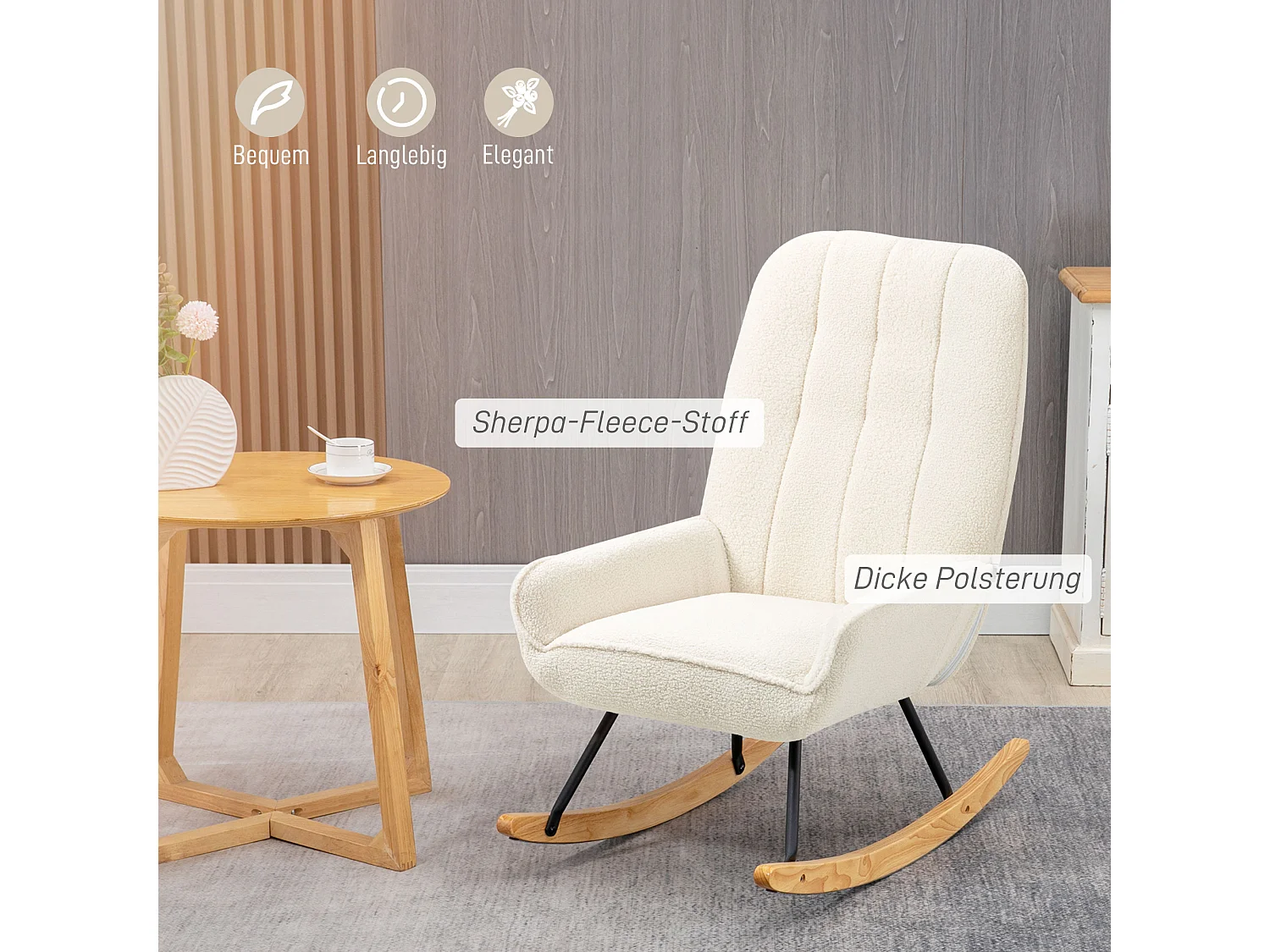 Bequemer und stabiler Sherpa-Schaukelstuhl mit cremefarbenem Holzrahmen (63 x 95 x 97 cm)