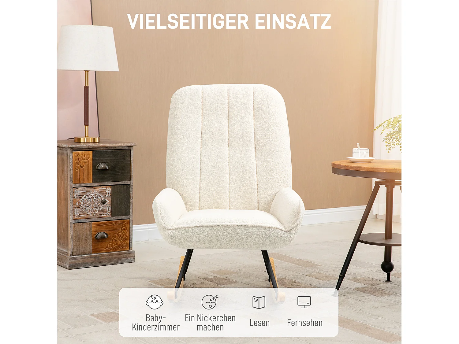 Bequemer und stabiler Sherpa-Schaukelstuhl mit cremefarbenem Holzrahmen (63 x 95 x 97 cm)