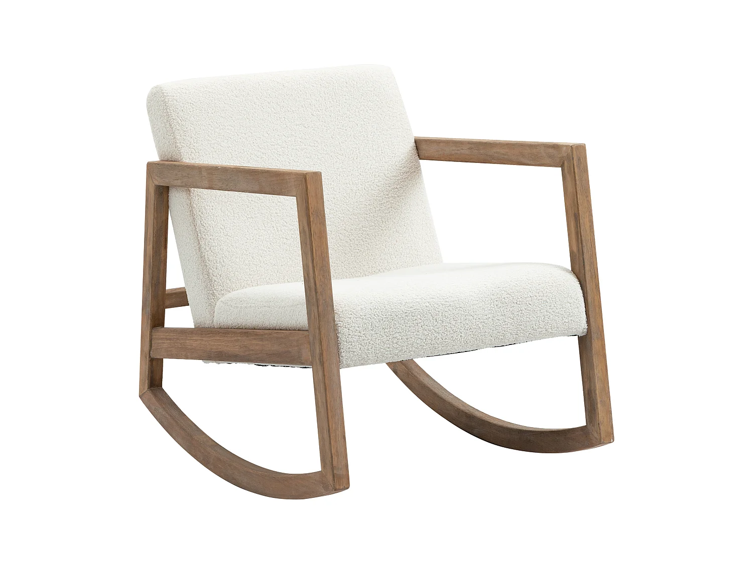 Fauteuil à bascule avec cadre en bois, coussins rembourrés, tissu polaire, crème (60x81x71 cm)