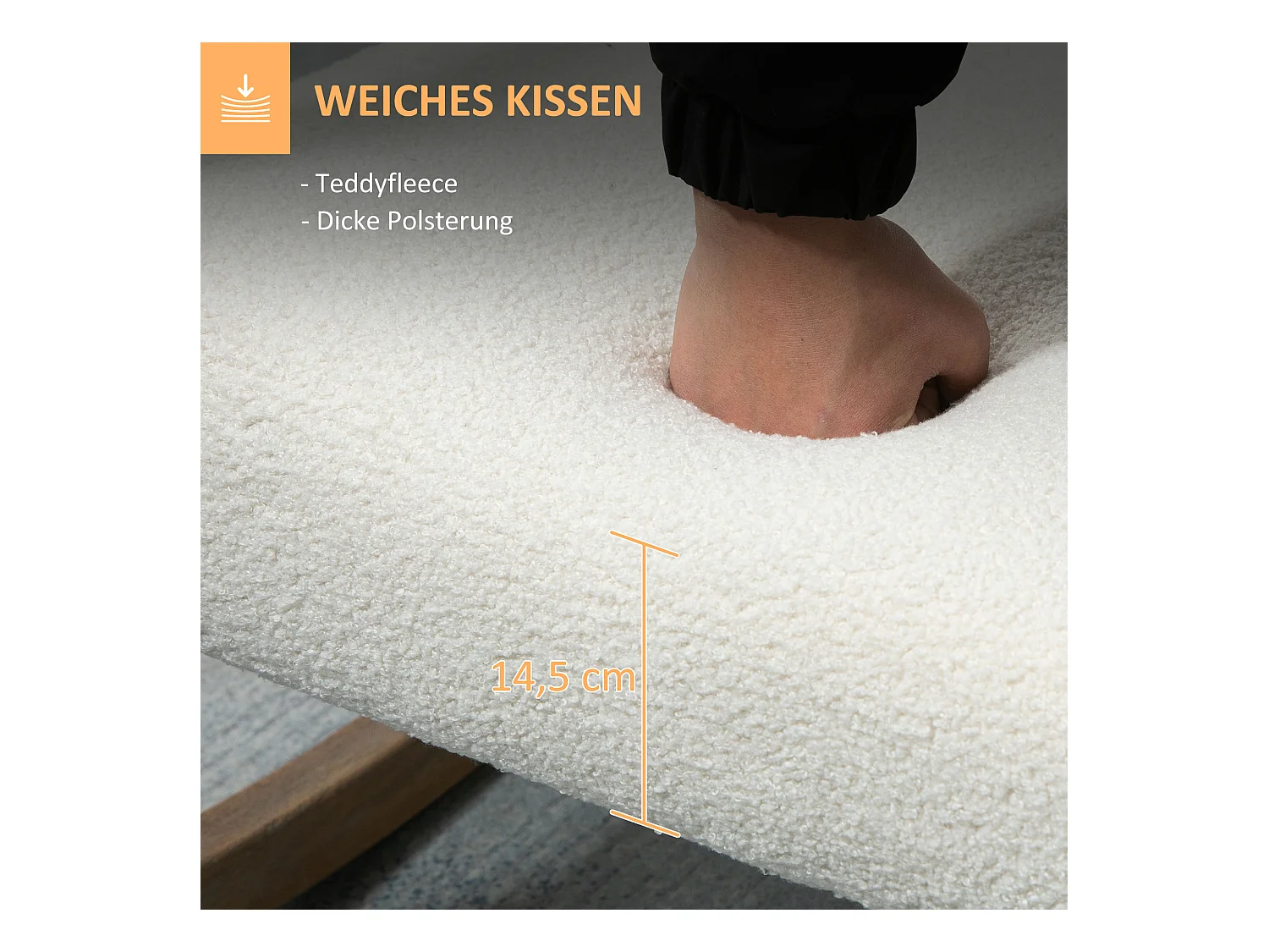 Fauteuil à bascule avec cadre en bois, coussins rembourrés, tissu polaire, crème (60x81x71 cm)