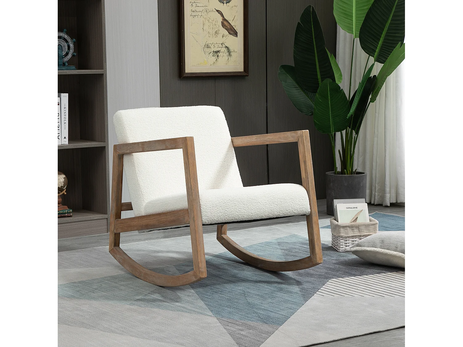 Fauteuil à bascule avec cadre en bois, coussins rembourrés, tissu polaire, crème (60x81x71 cm)