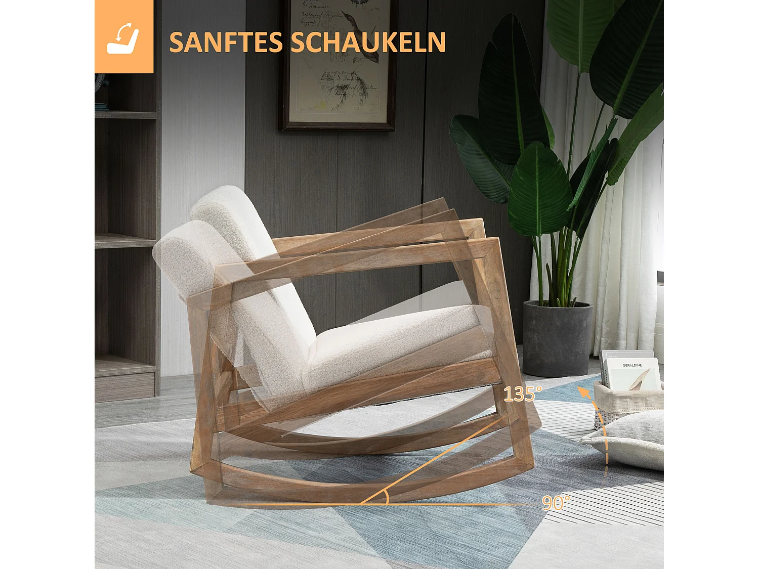 Fauteuil à bascule avec cadre en bois, coussins rembourrés, tissu polaire, crème (60x81x71 cm)