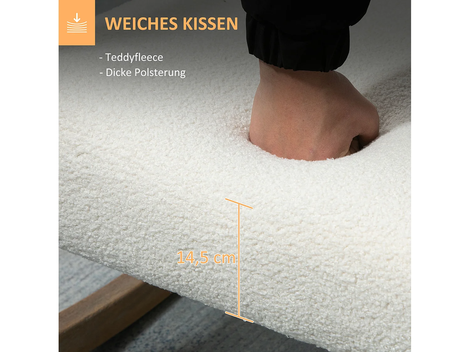 Fauteuil à bascule avec cadre en bois, coussins rembourrés, tissu polaire, crème (60x81x71 cm)