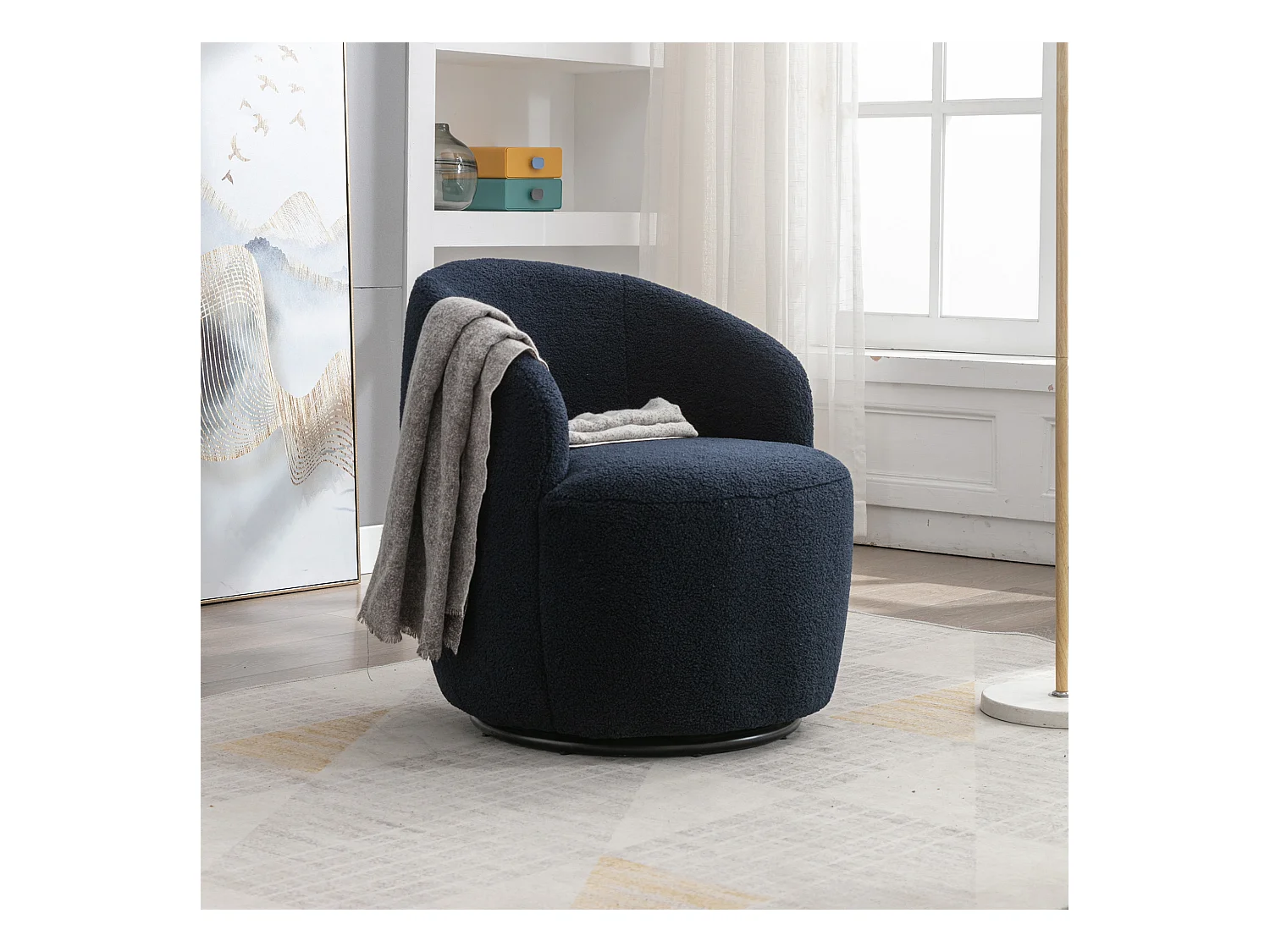 Mecedora giratoria de tela Teddy, diseño de huevo, base de metal negro, color naranja (64x64x71 cm)