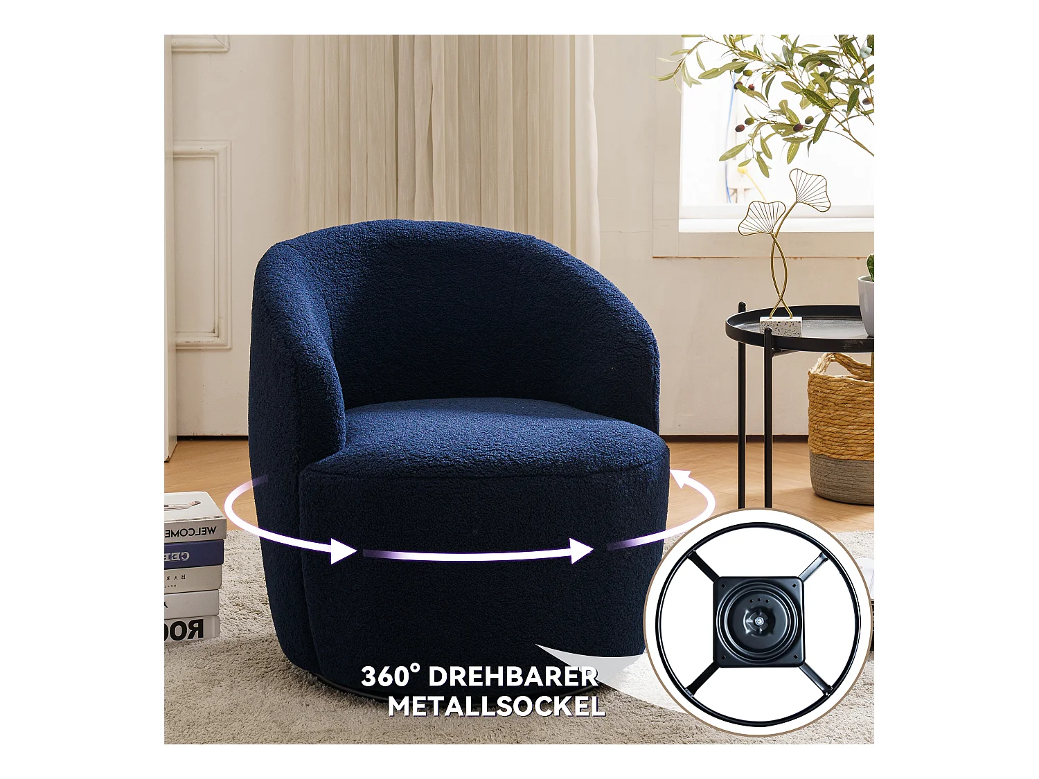 Mecedora giratoria de tela Teddy, diseño de huevo, base de metal negro, color naranja (64x64x71 cm)