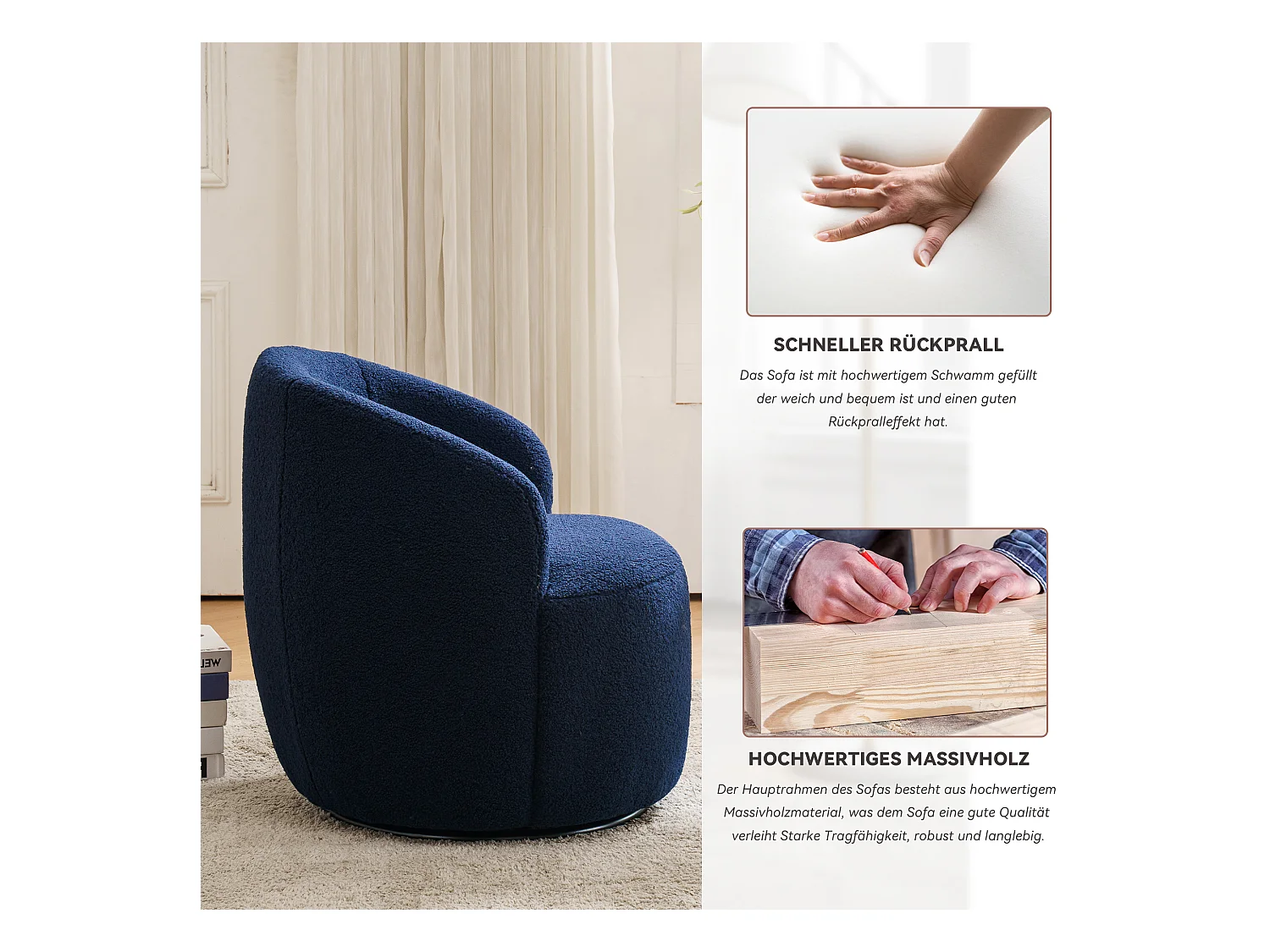 Mecedora giratoria de tela Teddy, diseño de huevo, base de metal negro, color naranja (64x64x71 cm)