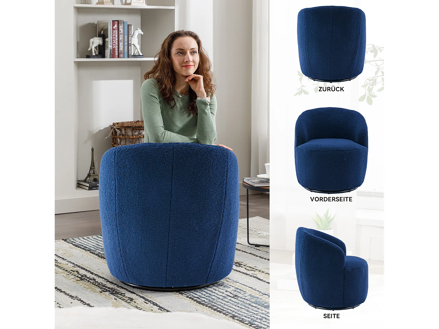 Mecedora giratoria de tela Teddy, diseño de huevo, base de metal negro, color naranja (64x64x71 cm)