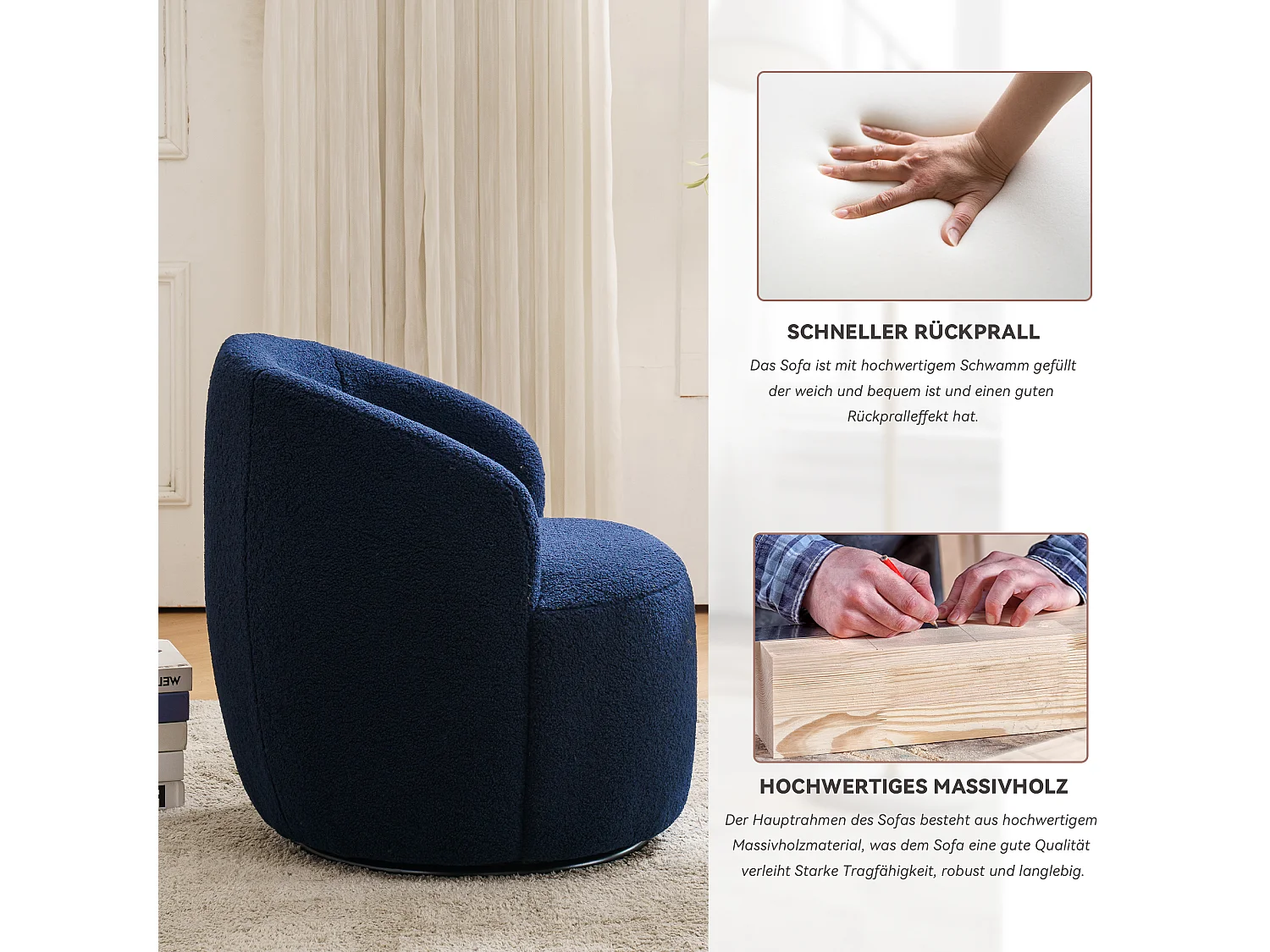 Mecedora giratoria de tela Teddy, diseño de huevo, base de metal negro, color naranja (64x64x71 cm)