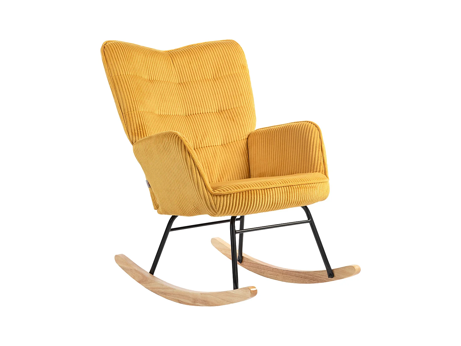 Rocking-chair avec accoudoirs, tissu en cordon, bois, jaune (71x98x101 cm)
