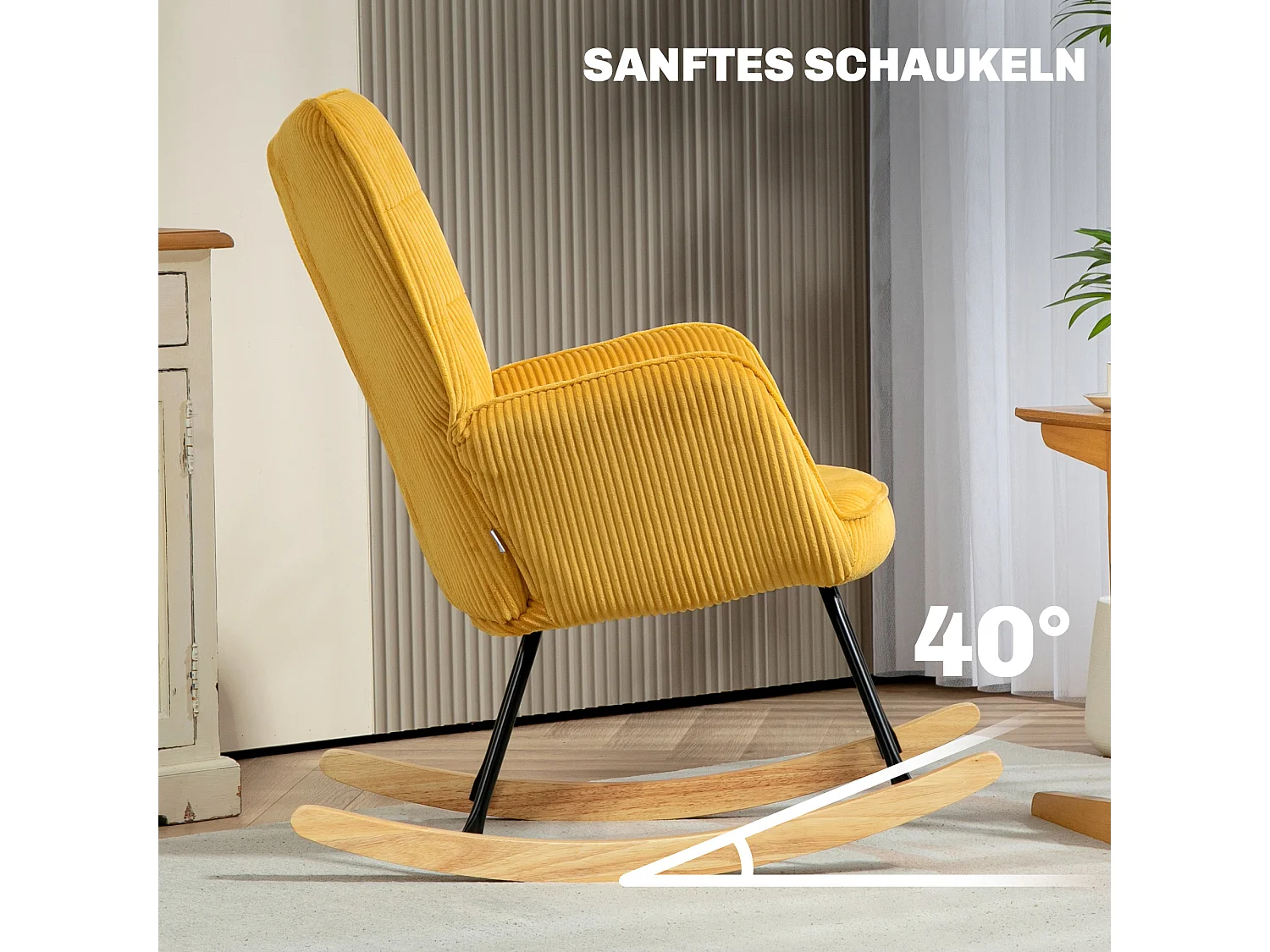 Rocking-chair avec accoudoirs, tissu en cordon, bois, jaune (71x98x101 cm)