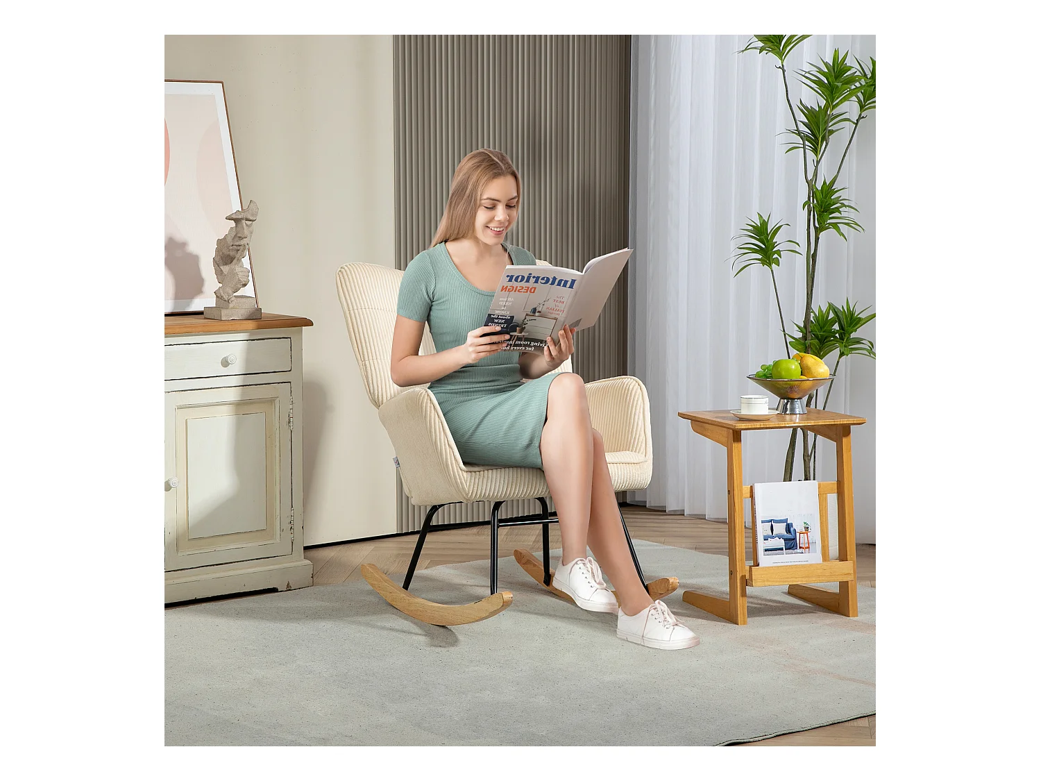 Schommelstoel met voetenbankje, elegant design, touwstof, hout, beige (98x71x101 cm)