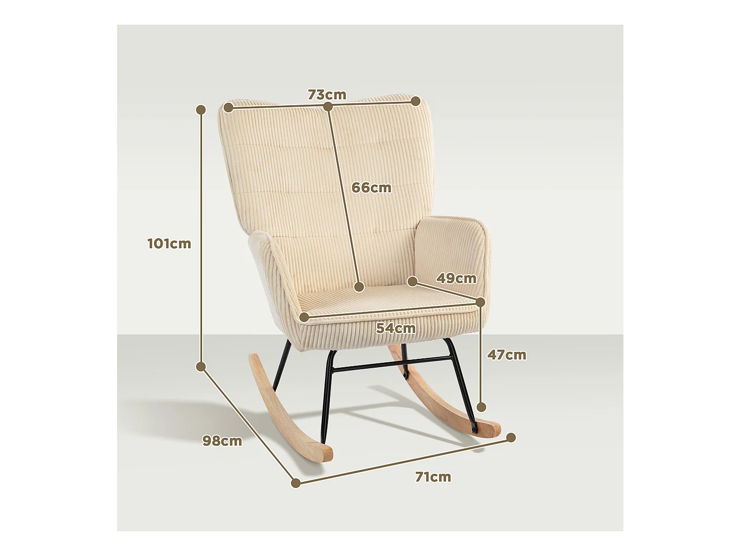 Schommelstoel met voetenbankje, elegant design, touwstof, hout, beige (98x71x101 cm)