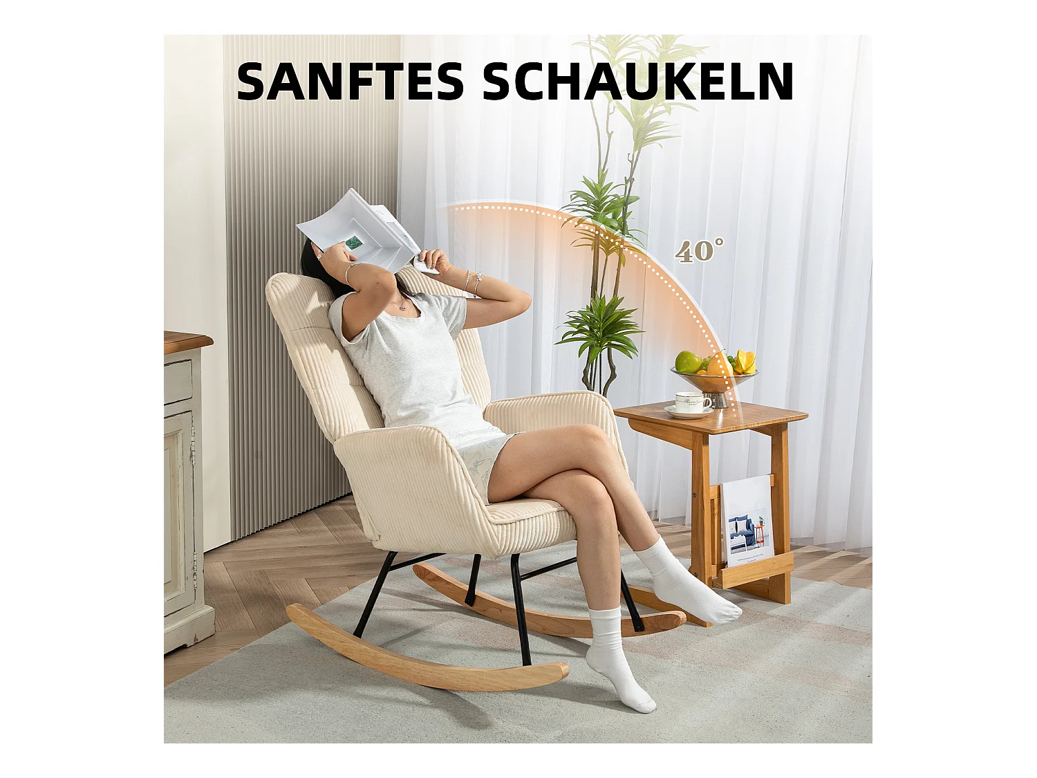 Schommelstoel met voetenbankje, elegant design, touwstof, hout, beige (98x71x101 cm)