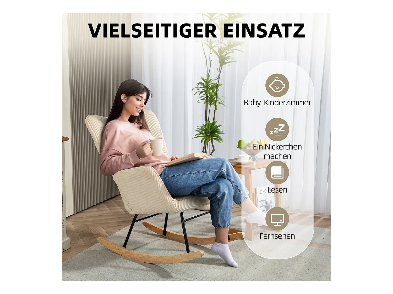 Schommelstoel met voetenbankje, elegant design, touwstof, hout, beige (98x71x101 cm)