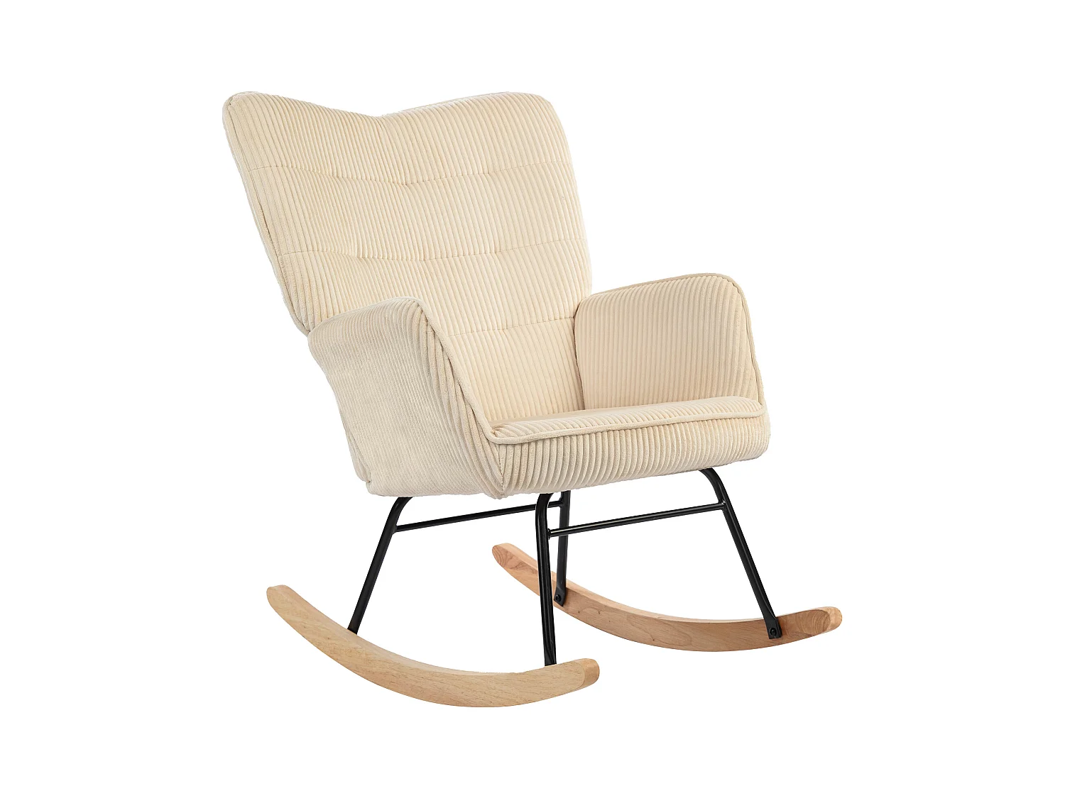 Fauteuil à bascule avec repose-pieds, design élégant, tissu en corde, bois, beige (98x71x101 cm)