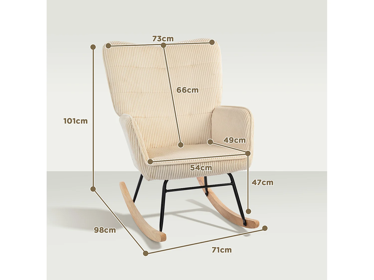 Fauteuil à bascule avec repose-pieds, design élégant, tissu en corde, bois, beige (98x71x101 cm)