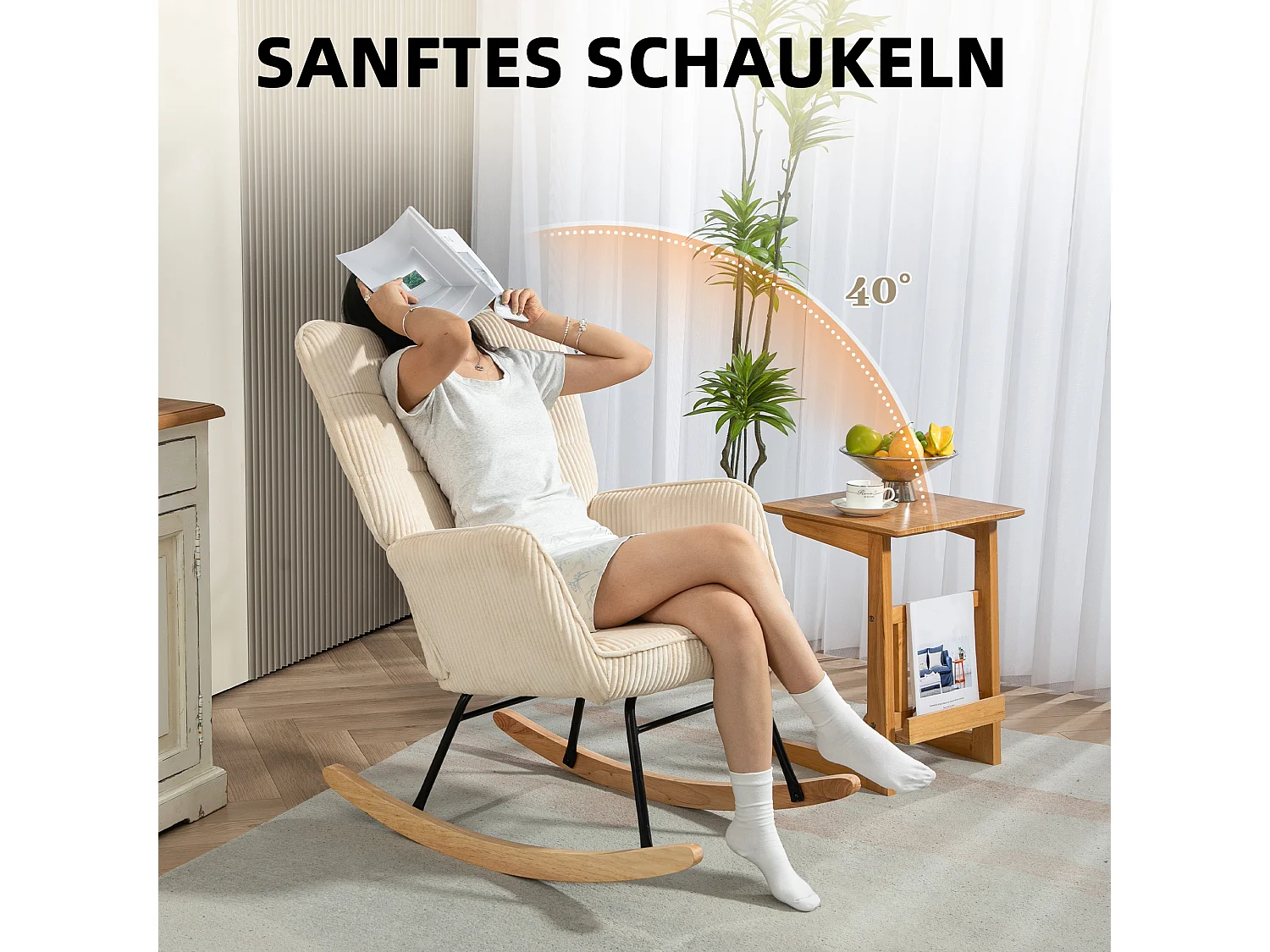 Fauteuil à bascule avec repose-pieds, design élégant, tissu en corde, bois, beige (98x71x101 cm)