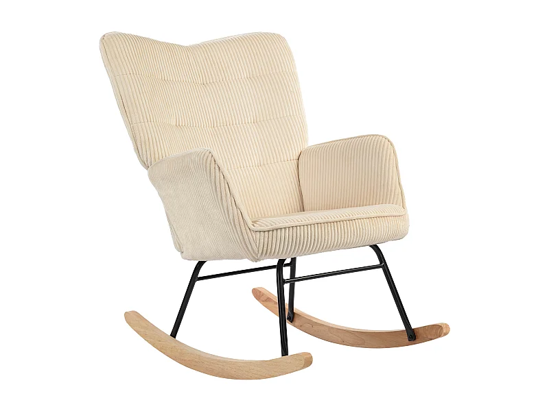 Fauteuil à bascule avec repose-pieds, design élégant, tissu en corde, bois, beige (98x71x101 cm)
