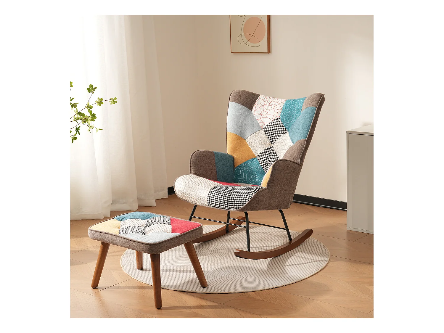 Chaise à bascule avec repose-pieds, design patchwork coloré, cadre en bois massif et métal, (69.5x50x88.5 cm)