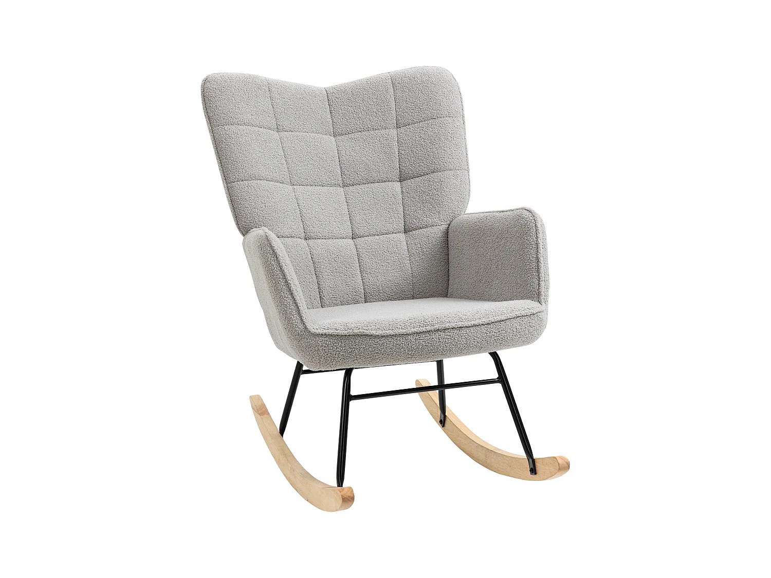 Fauteuil à bascule avec revêtement Berber, structure acier et bois, gris clair (71x92x101cm)