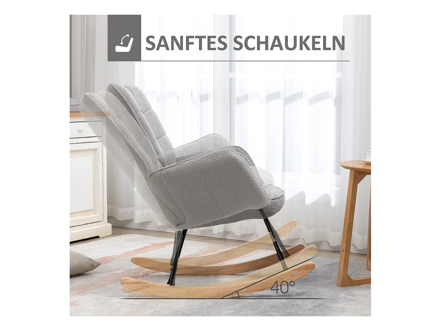 Fauteuil à bascule avec revêtement Berber, structure acier et bois, gris clair (71x92x101cm)