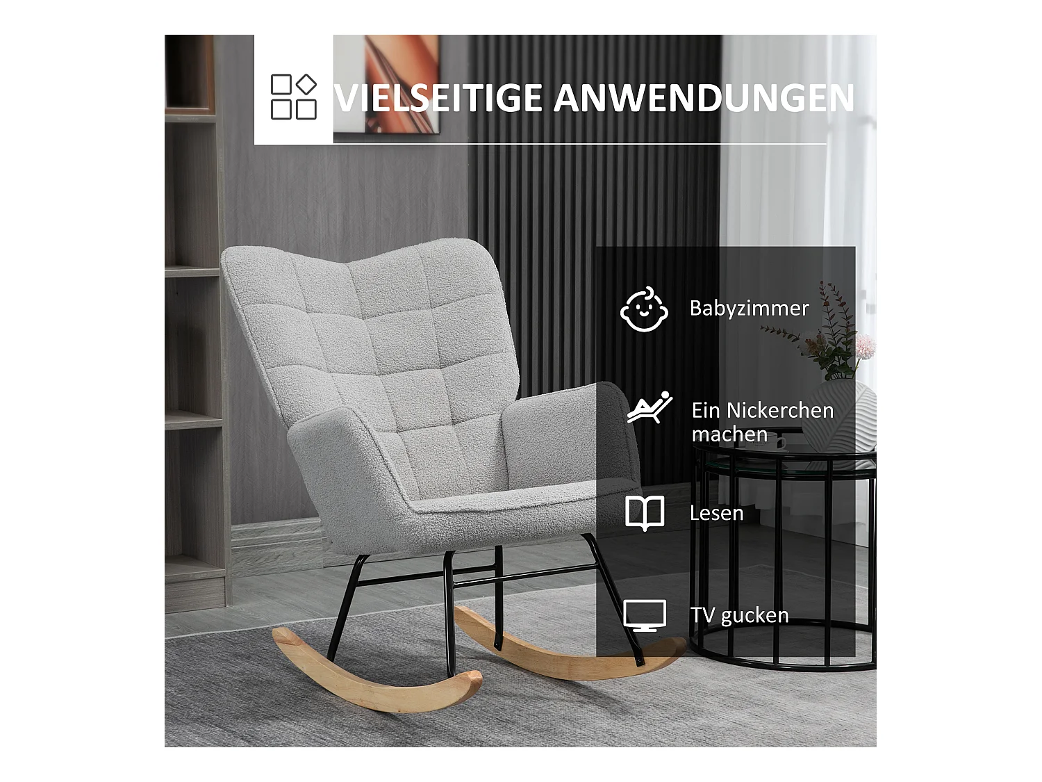 Fauteuil à bascule avec revêtement Berber, structure acier et bois, gris clair (71x92x101cm)