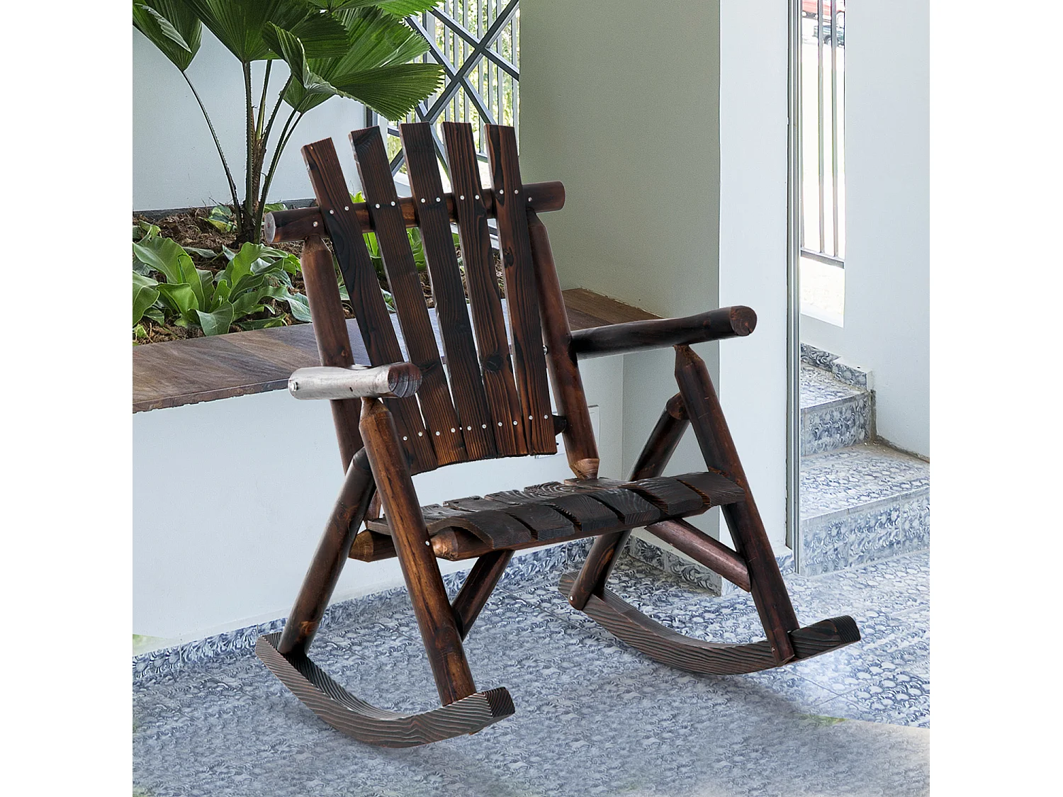 Chaise berçante en bois massif carbonisé, avec accoudoirs, pour jardin et terrasse (97x69x93 cm)