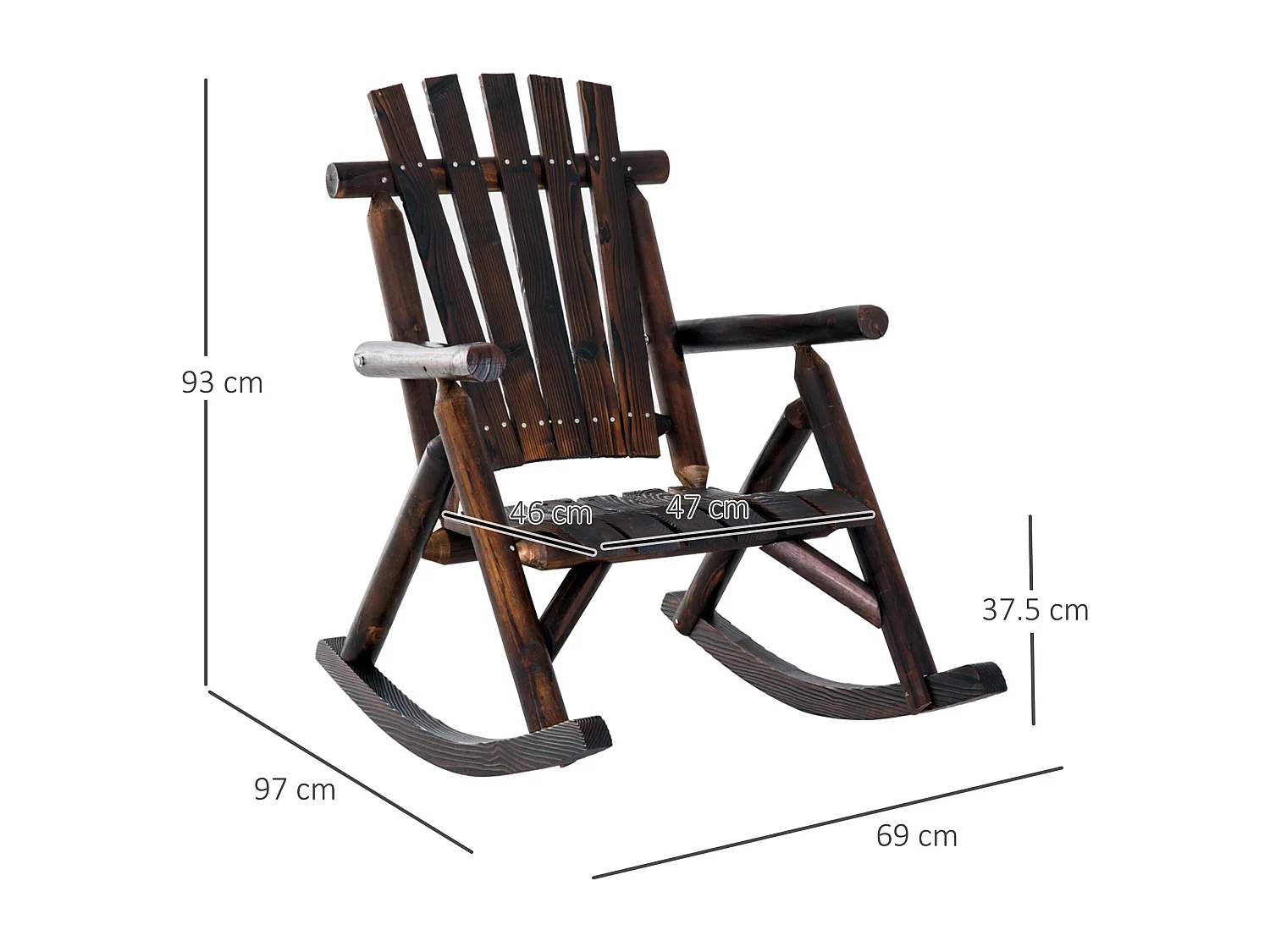 Chaise berçante en bois massif carbonisé, avec accoudoirs, pour jardin et terrasse (97x69x93 cm)