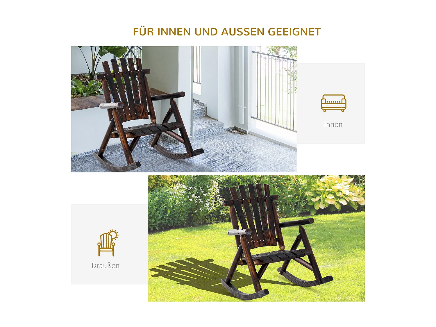 Chaise berçante en bois massif carbonisé, avec accoudoirs, pour jardin et terrasse (97x69x93 cm)