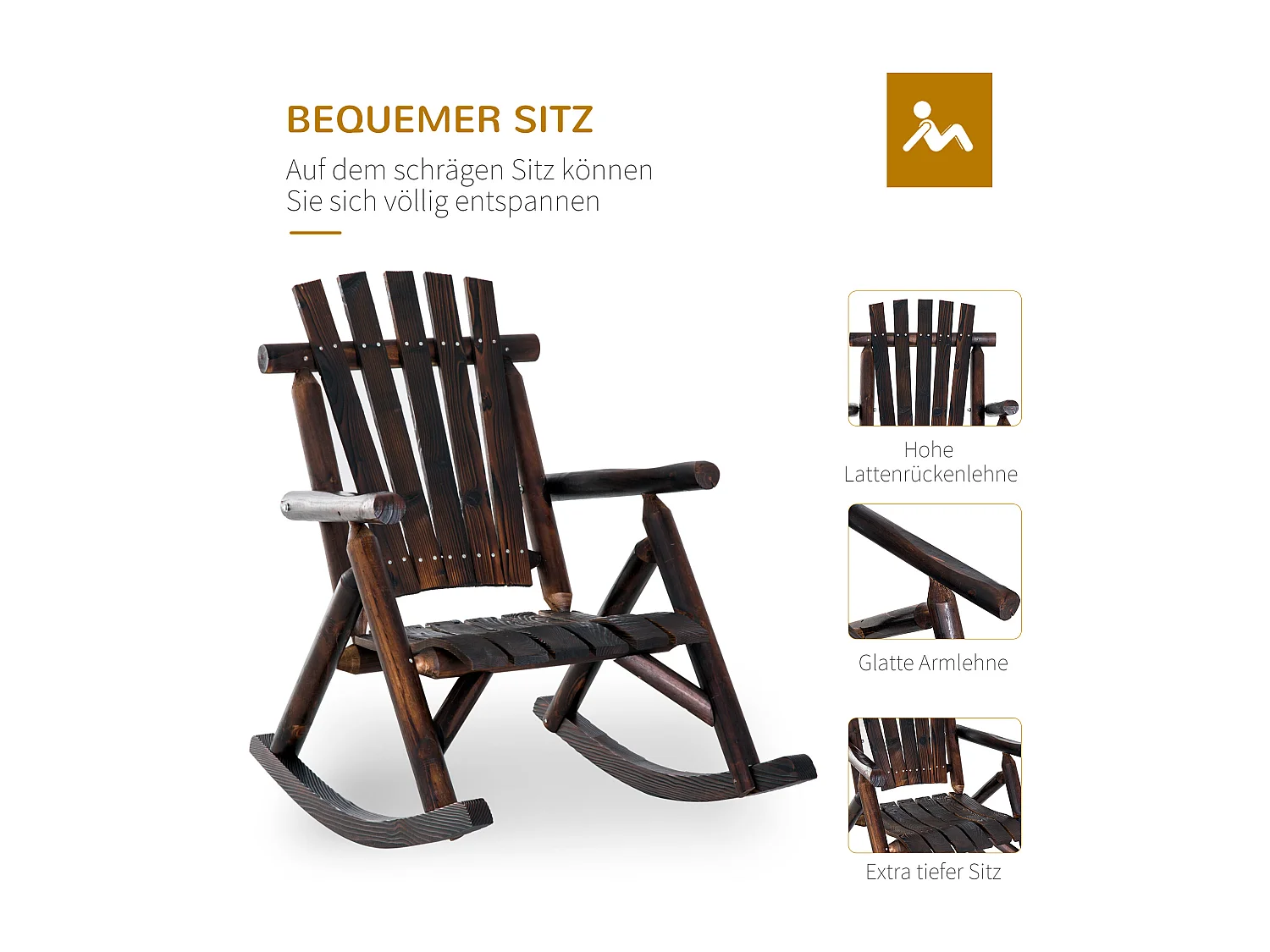 Chaise berçante en bois massif carbonisé, avec accoudoirs, pour jardin et terrasse (97x69x93 cm)