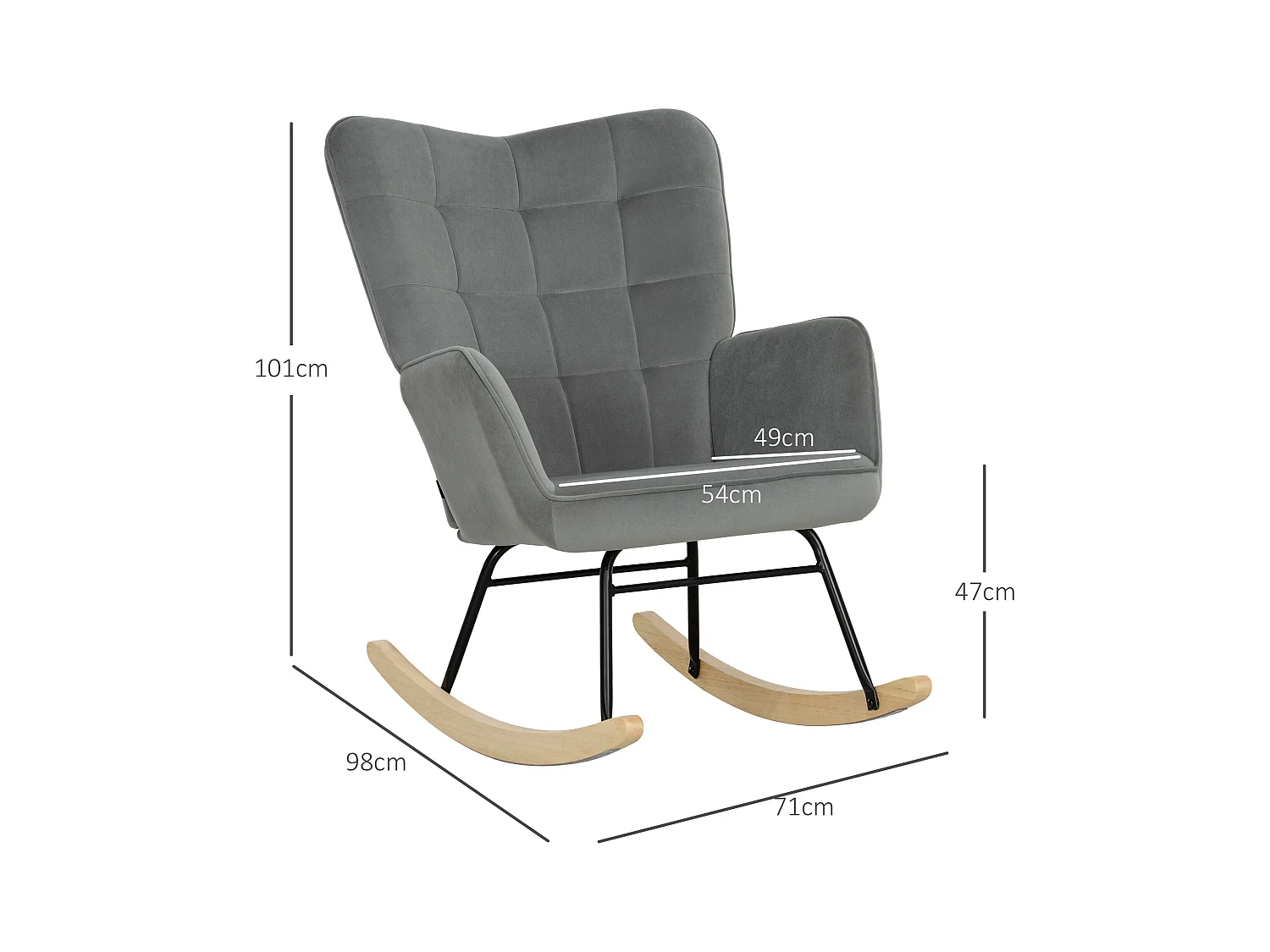 Schaukelstuhl aus Samt, Armlehnen, Beine aus Buchenholz, entspannend, dunkelgrau (98x71x101cm)