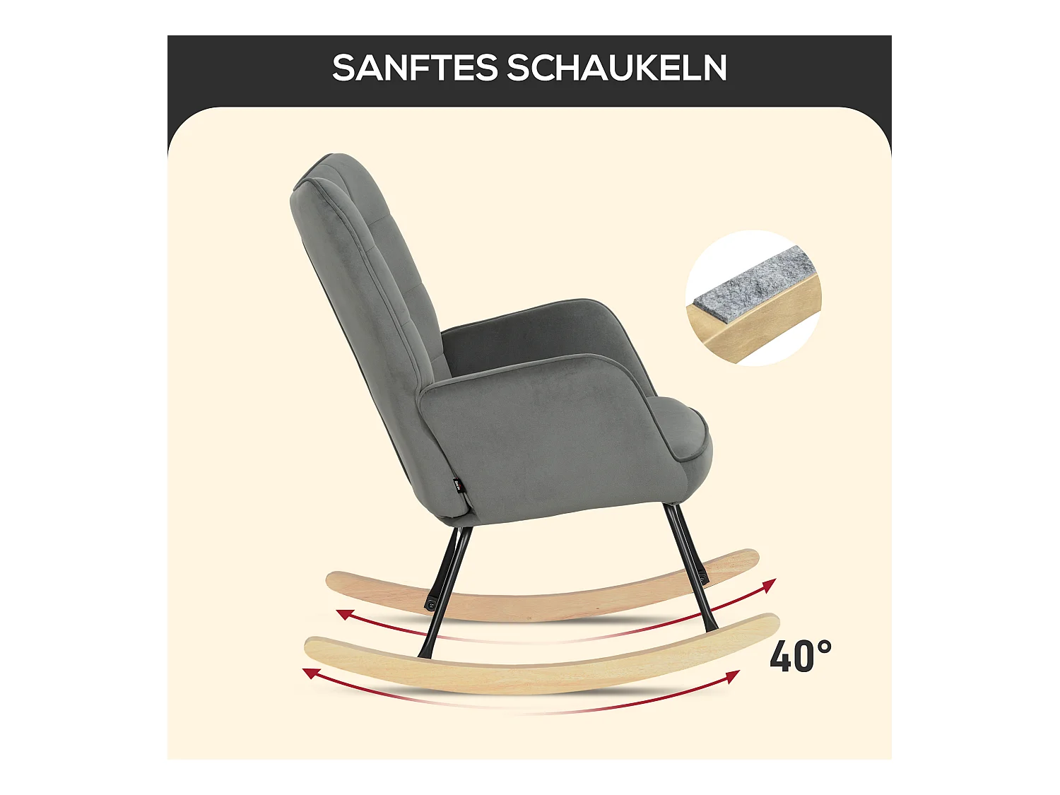 Schaukelstuhl aus Samt, Armlehnen, Beine aus Buchenholz, entspannend, dunkelgrau (98x71x101cm)