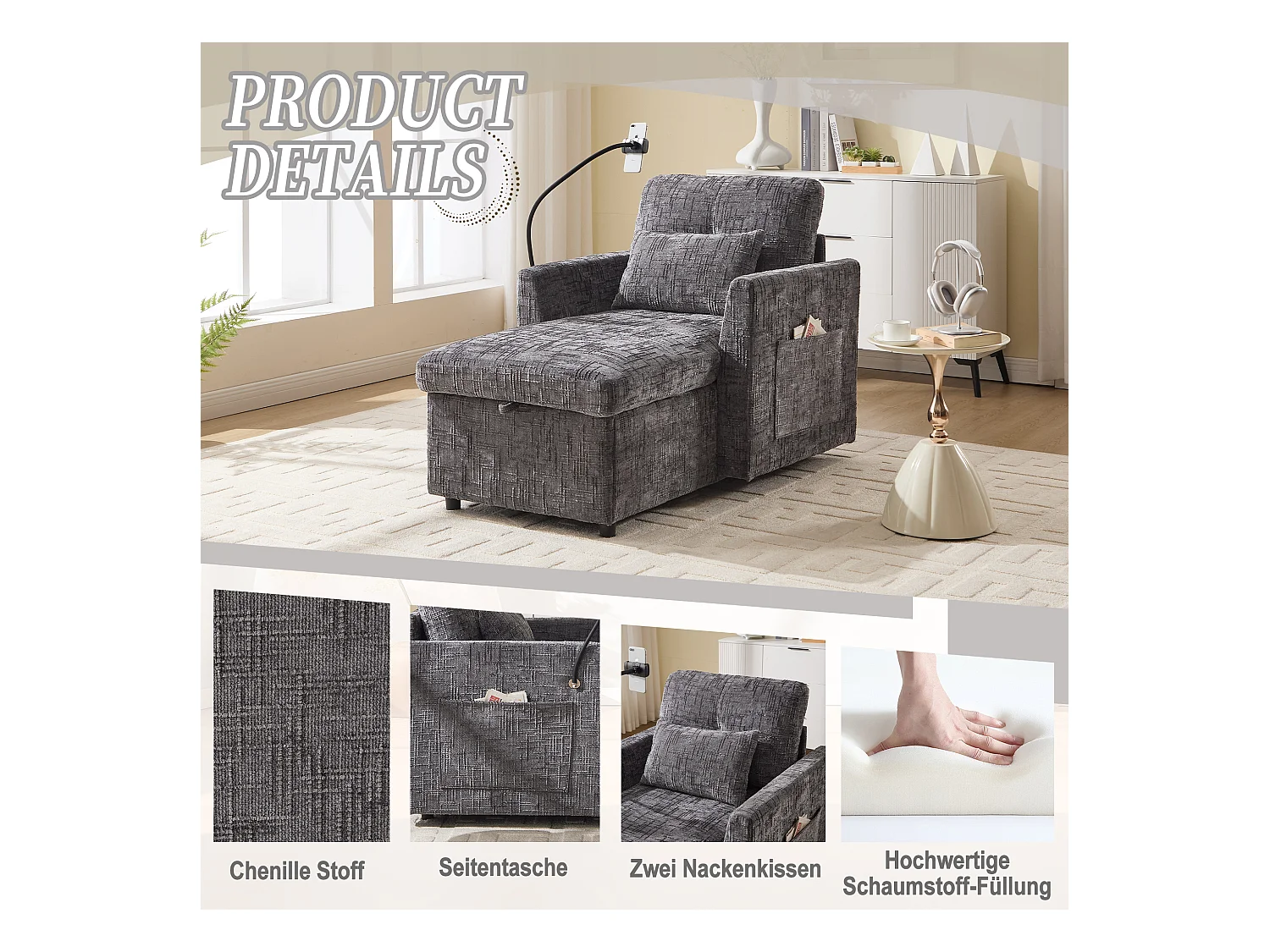 Fauteuil relax multifonction avec dossier escamotable, support pour téléphone, tissu chenille gris (125x84.5x87 cm)