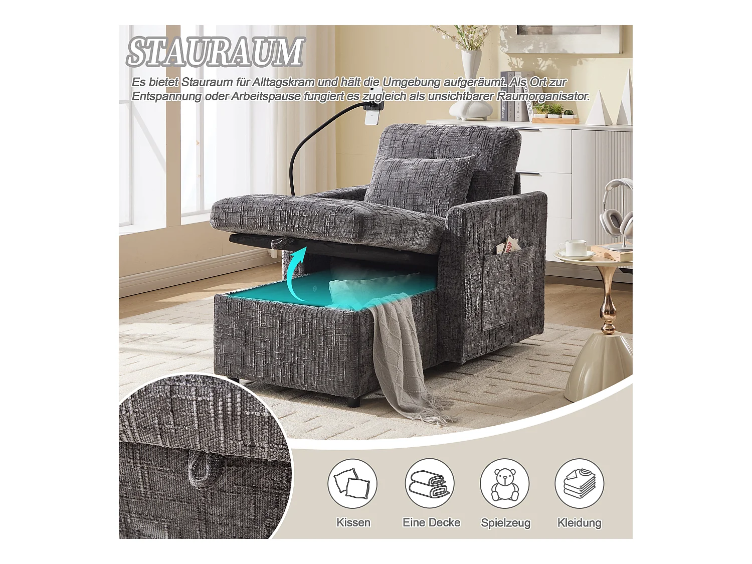 Fauteuil relax multifonction avec dossier escamotable, support pour téléphone, tissu chenille gris (125x84.5x87 cm)