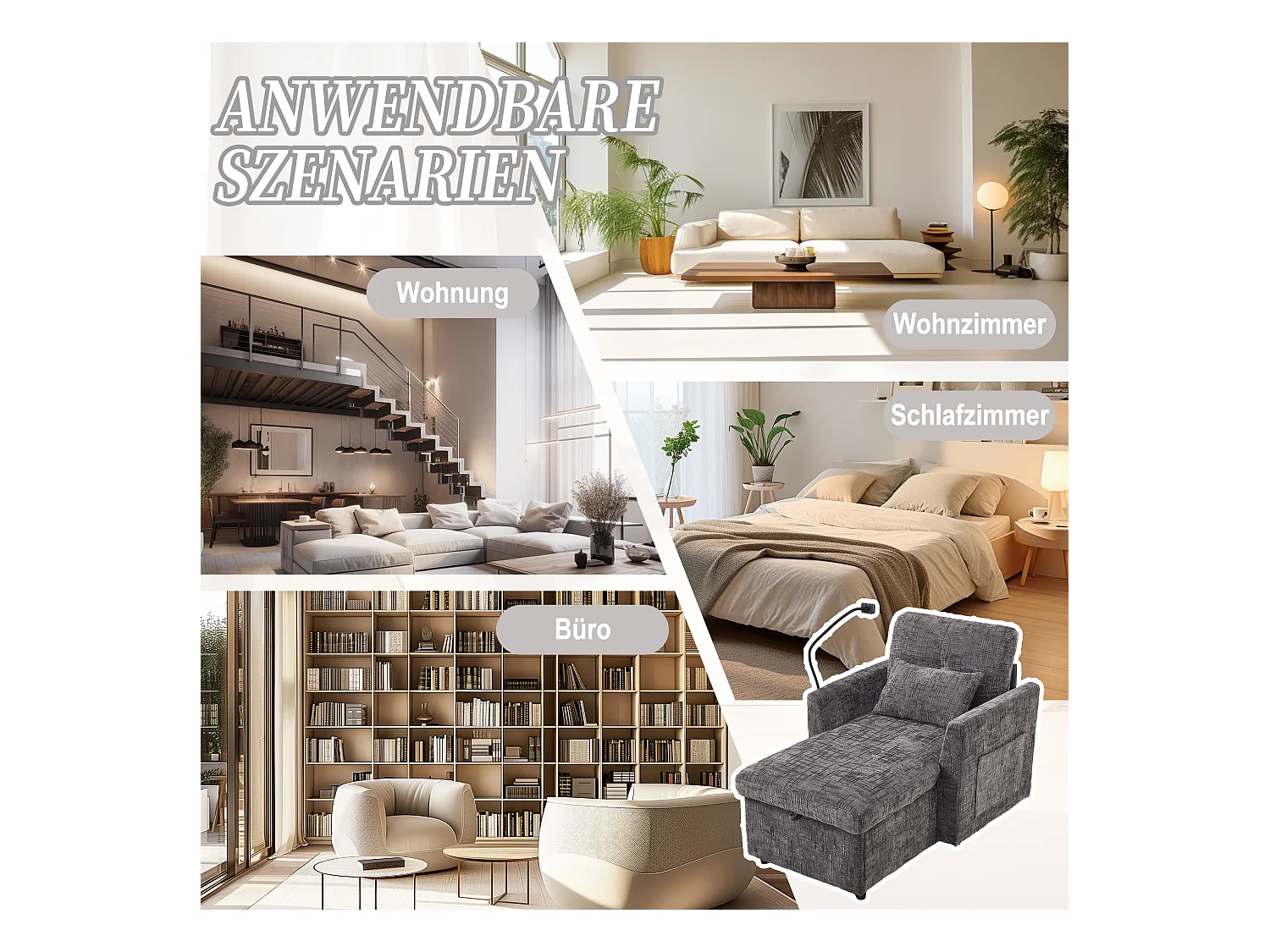 Fauteuil relax multifonction avec dossier escamotable, support pour téléphone, tissu chenille gris (125x84.5x87 cm)