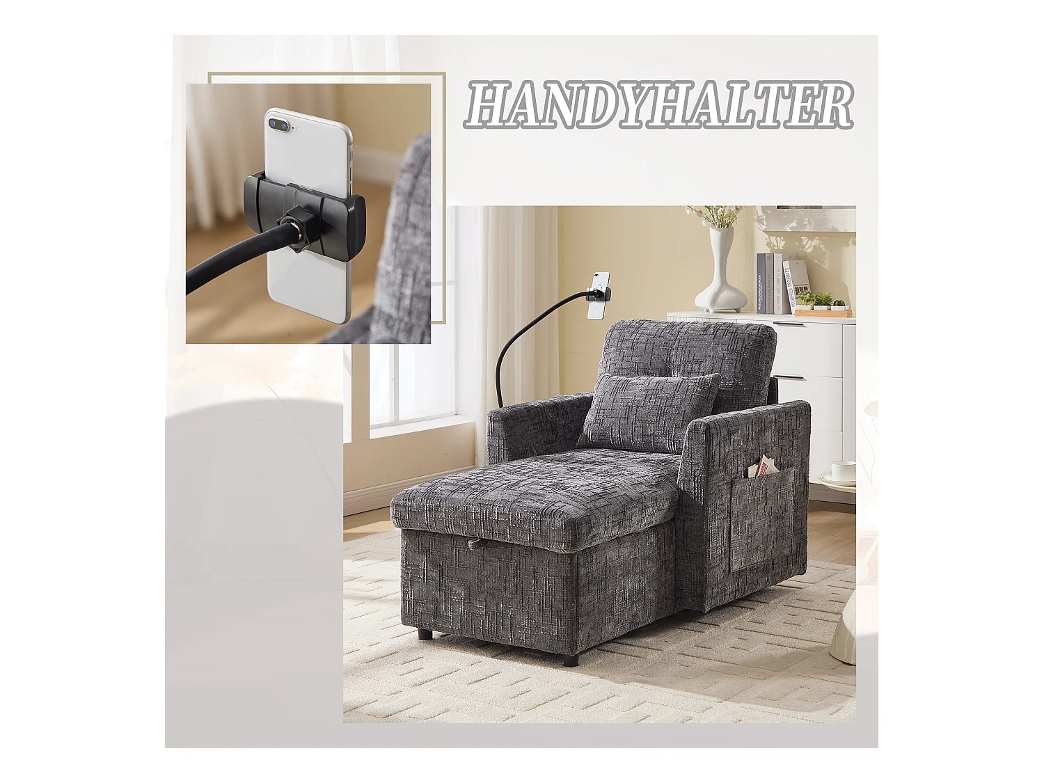 Fauteuil relax multifonction avec dossier escamotable, support pour téléphone, tissu chenille gris (125x84.5x87 cm)