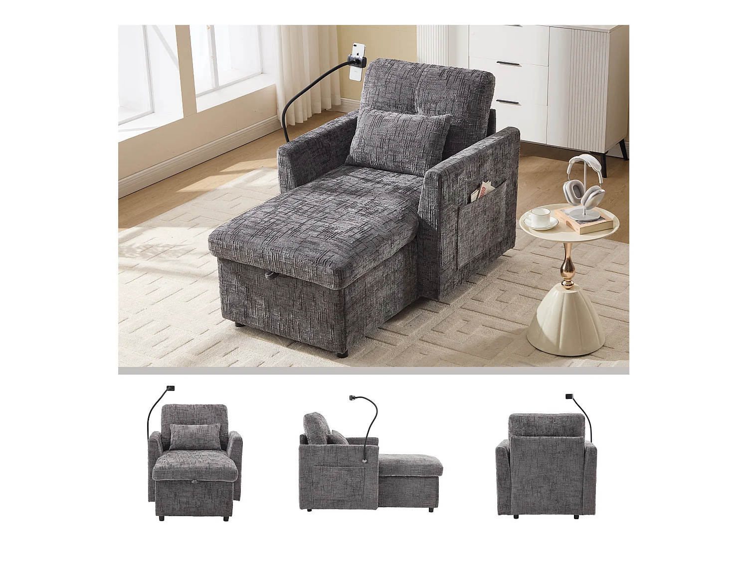 Multifunctionele relaxfauteuil met uitschuifbare rugleuning, telefoonhouder, grijze chenillestof (125x84,5x87 cm)