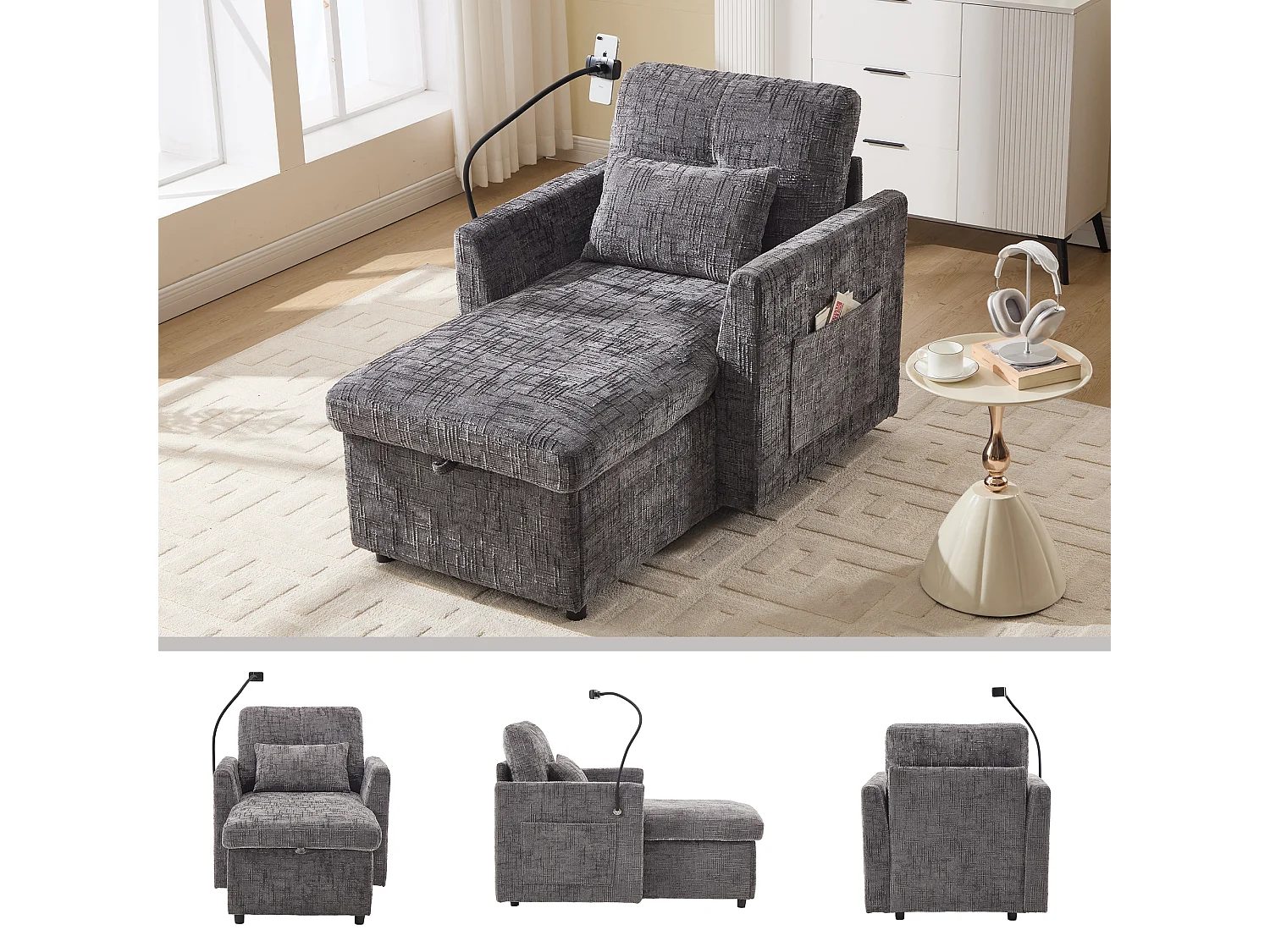 Fauteuil relax multifonction avec dossier escamotable, support pour téléphone, tissu chenille gris (125x84.5x87 cm)