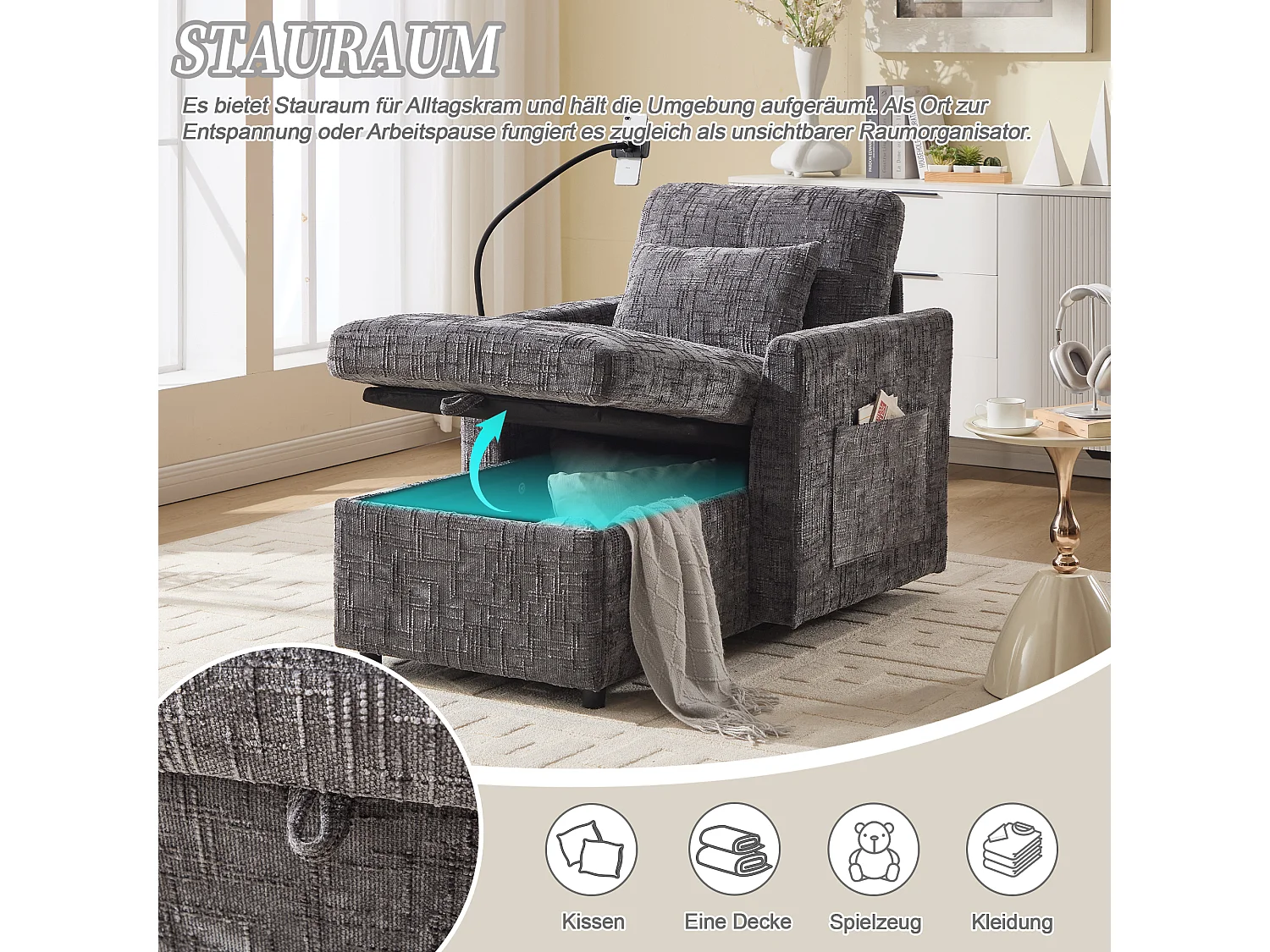 Fauteuil relax multifonction avec dossier escamotable, support pour téléphone, tissu chenille gris (125x84.5x87 cm)