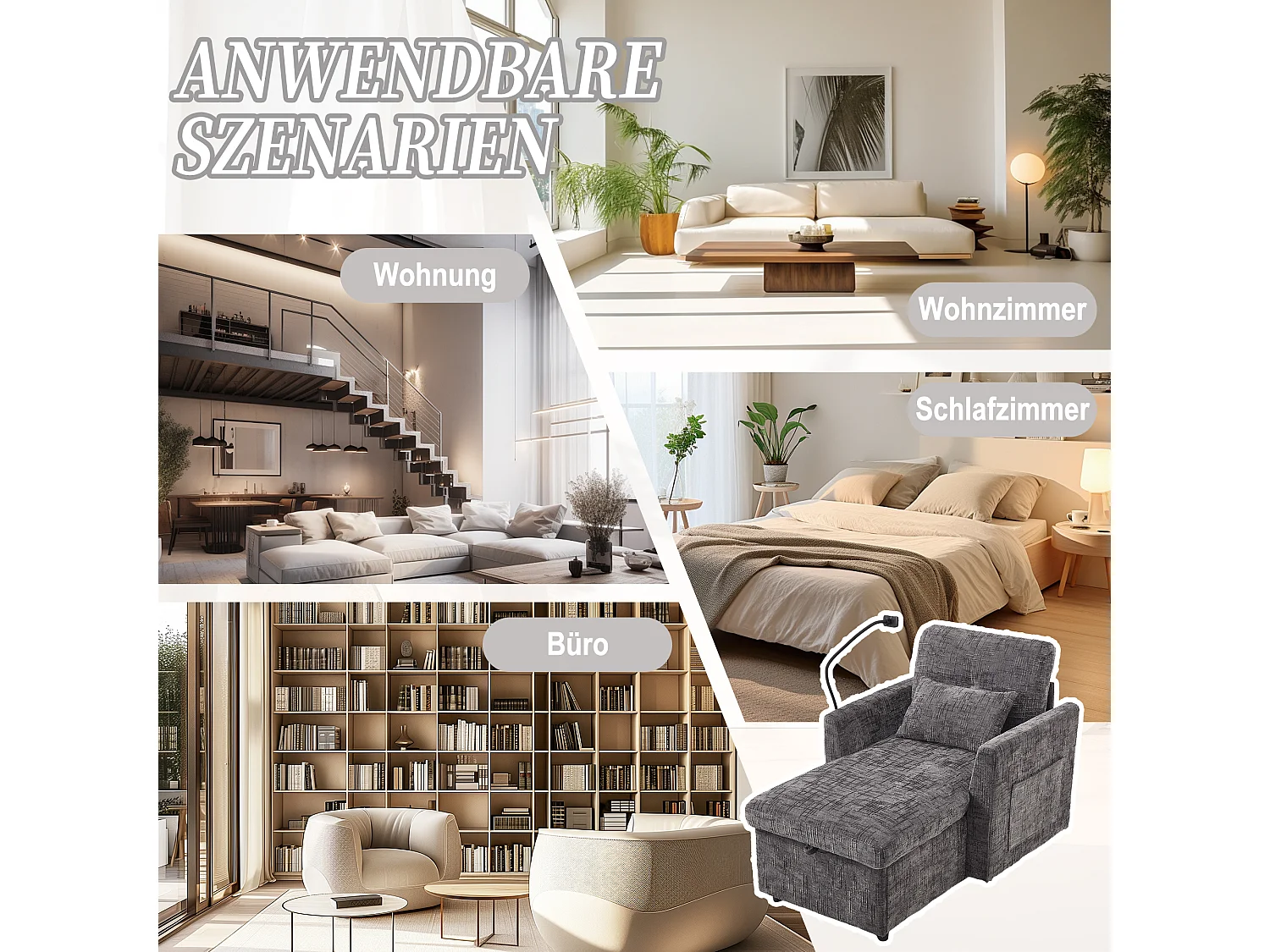 Fauteuil relax multifonction avec dossier escamotable, support pour téléphone, tissu chenille gris (125x84.5x87 cm)