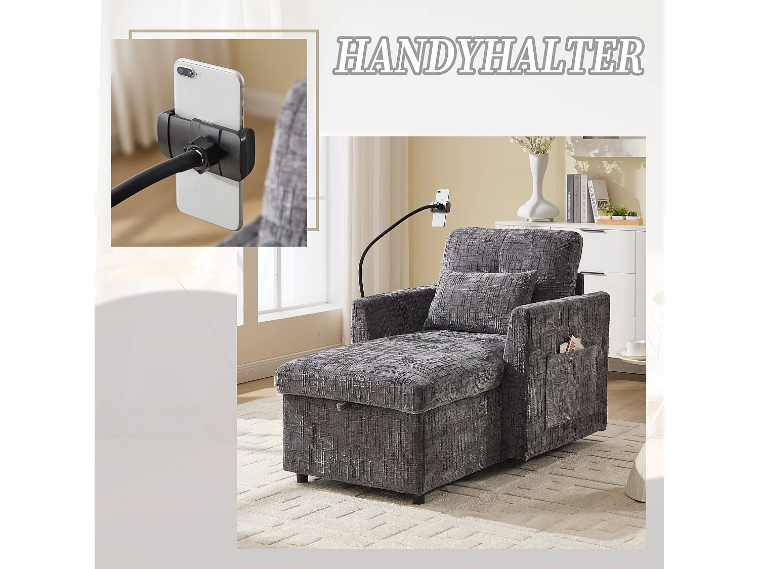 Fauteuil relax multifonction avec dossier escamotable, support pour téléphone, tissu chenille gris (125x84.5x87 cm)