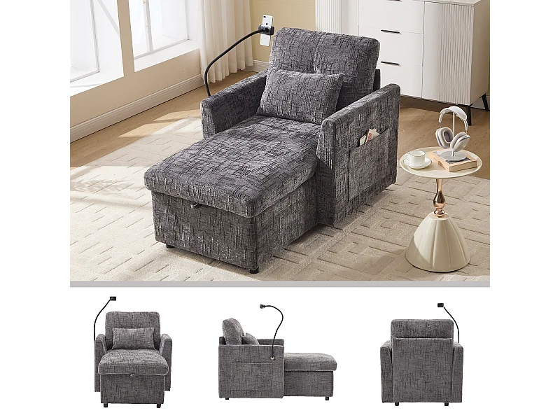 Fauteuil relax multifonction avec dossier escamotable, support pour téléphone, tissu chenille gris (125x84.5x87 cm)