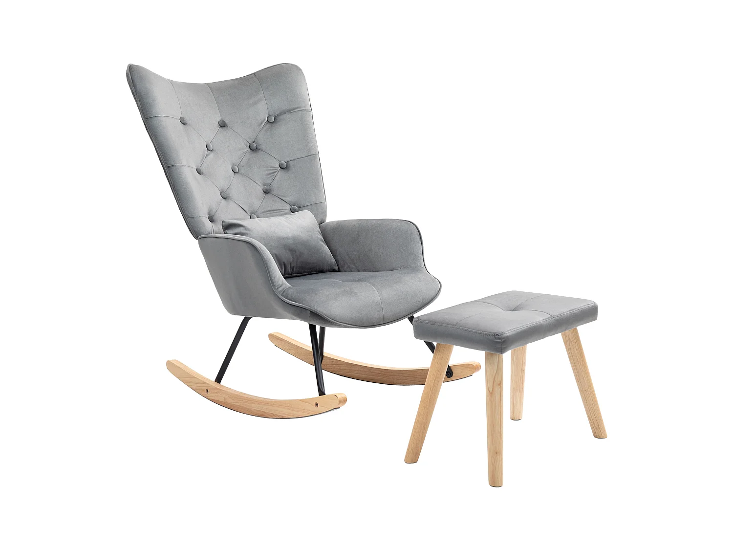 Fauteuil à bascule avec pouf, tissu velours, pieds en bois, gris foncé (66x96x101 cm)