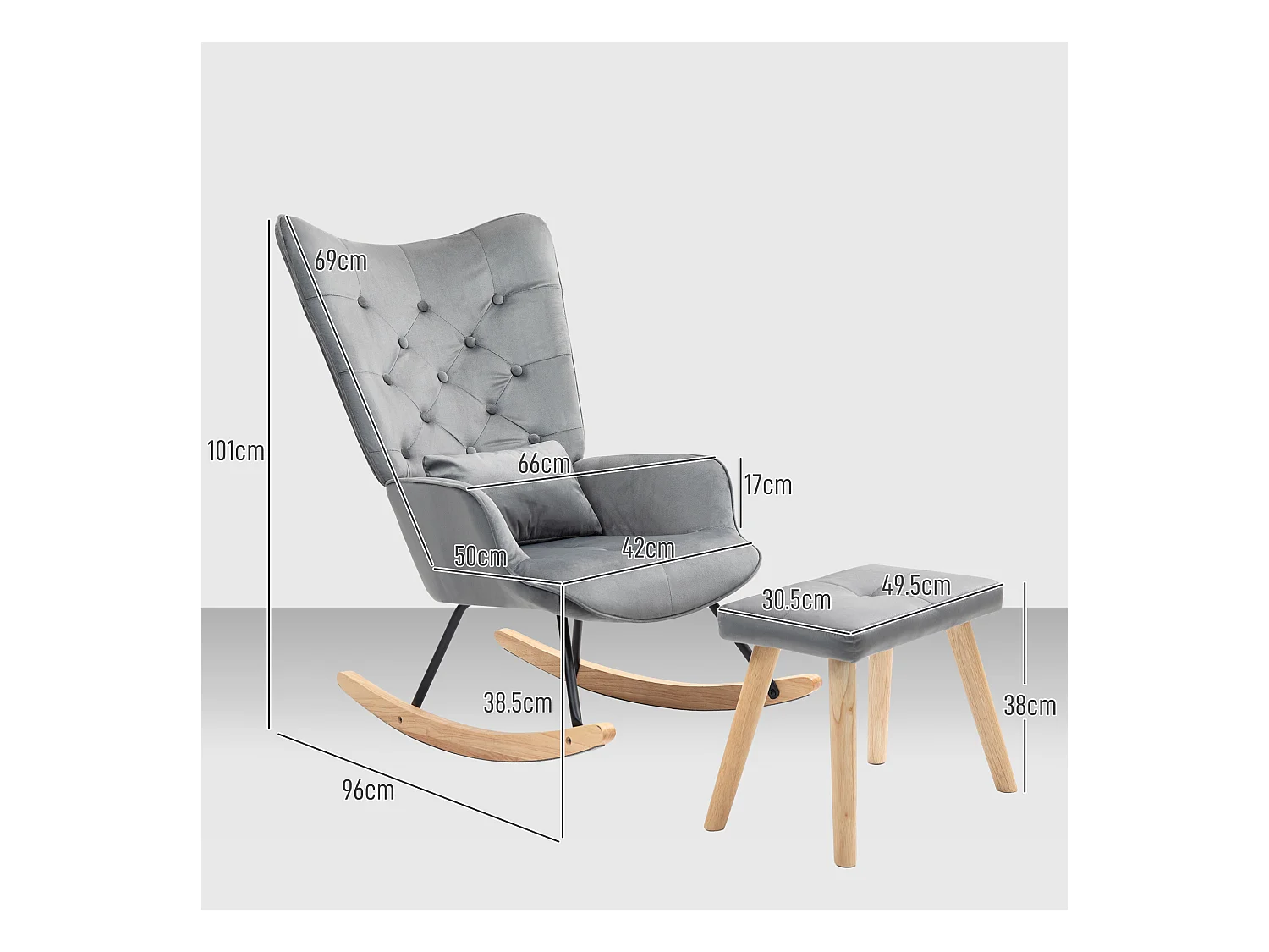 Fauteuil à bascule avec pouf, tissu velours, pieds en bois, gris foncé (66x96x101 cm)