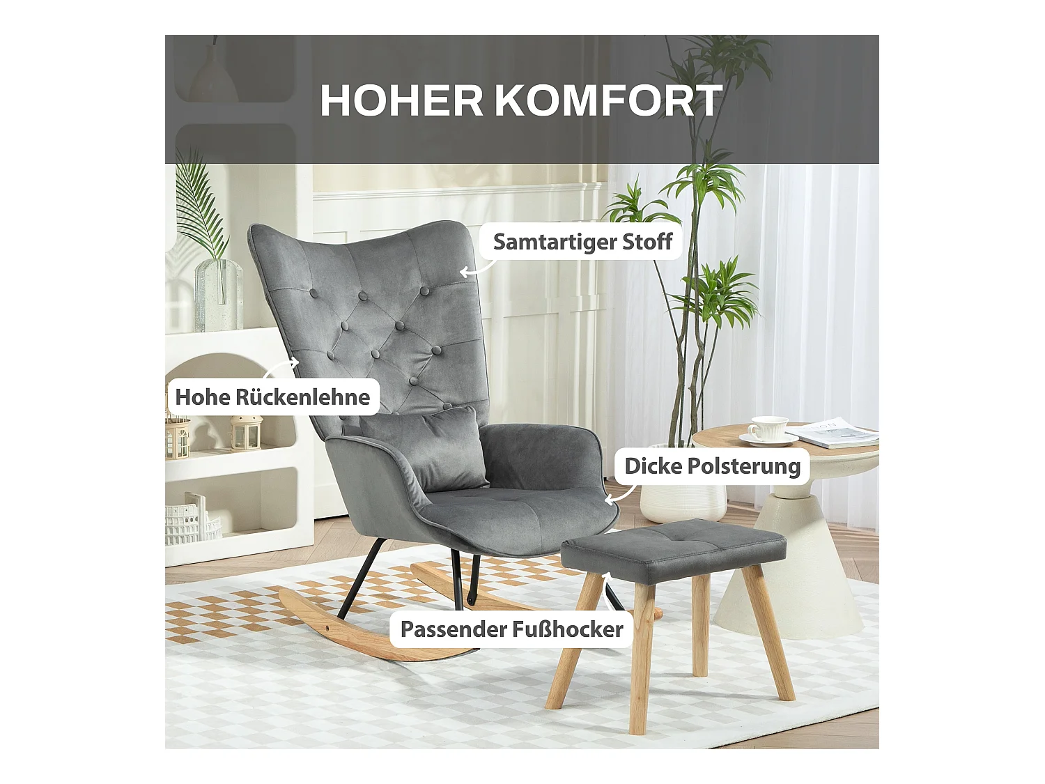 Fauteuil à bascule avec pouf, tissu velours, pieds en bois, gris foncé (66x96x101 cm)