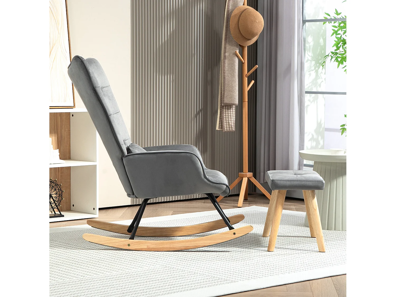 Fauteuil à bascule avec pouf, tissu velours, pieds en bois, gris foncé (66x96x101 cm)